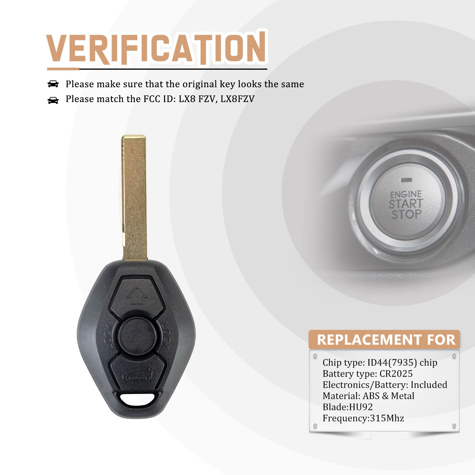 Replacement Car Key Fob for 2004/2005/2006/2007/2008/2009/2010 BMW X3 X5 Z4 315 MHz with FCC ID:LX8 FZV, LX8FZV ID44(7935) Chip B3SA