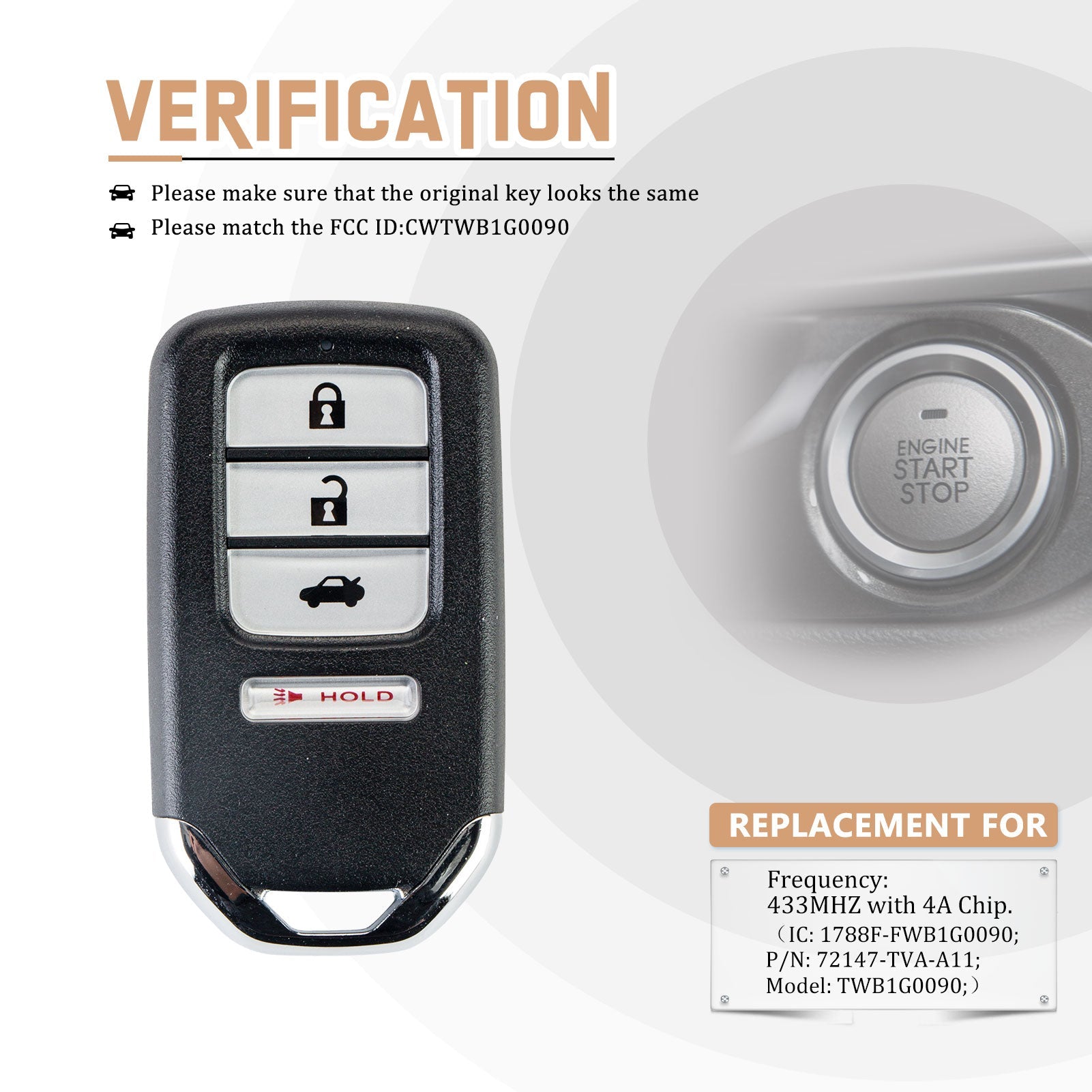 Replacement Car Key Fob for 2018/2019/2020/2021 Accord LX LX-S Sport with FCC ID: CWTWB1G0090 with 4A Chip IC: 1788F-FWB1G0090 P/N: 72147-TVA-A11 Model: TWB1G0090 H4RH