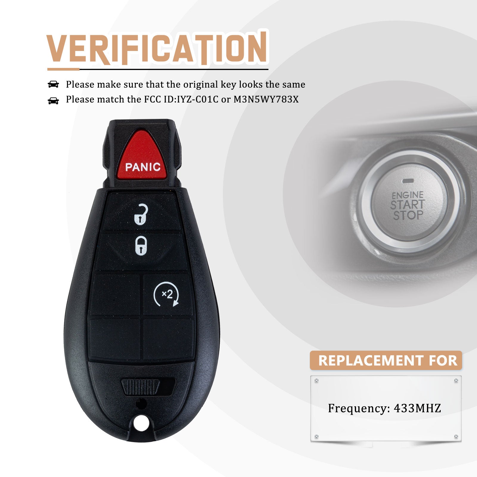 Replacement Car Key Fob for D0DGE JEEP with FCC ID: IYZ-C01C or M3N5WY783X 433MHZ KR-D4RBV05