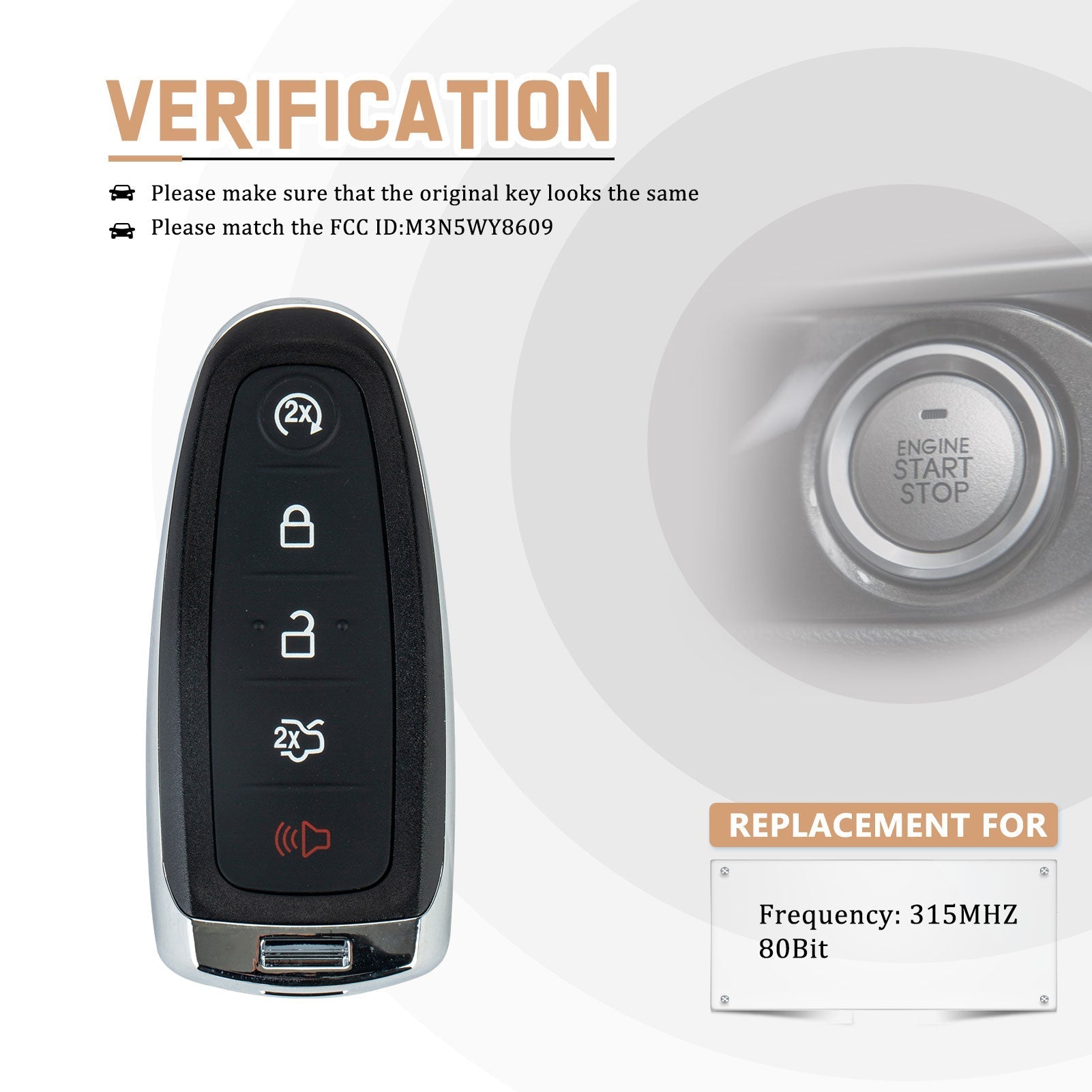 FORD Escape Titanium Focus C-Max Smart Key Replacement with FCC ID: M3N5WY8609 315MHZ KR-F5REV10