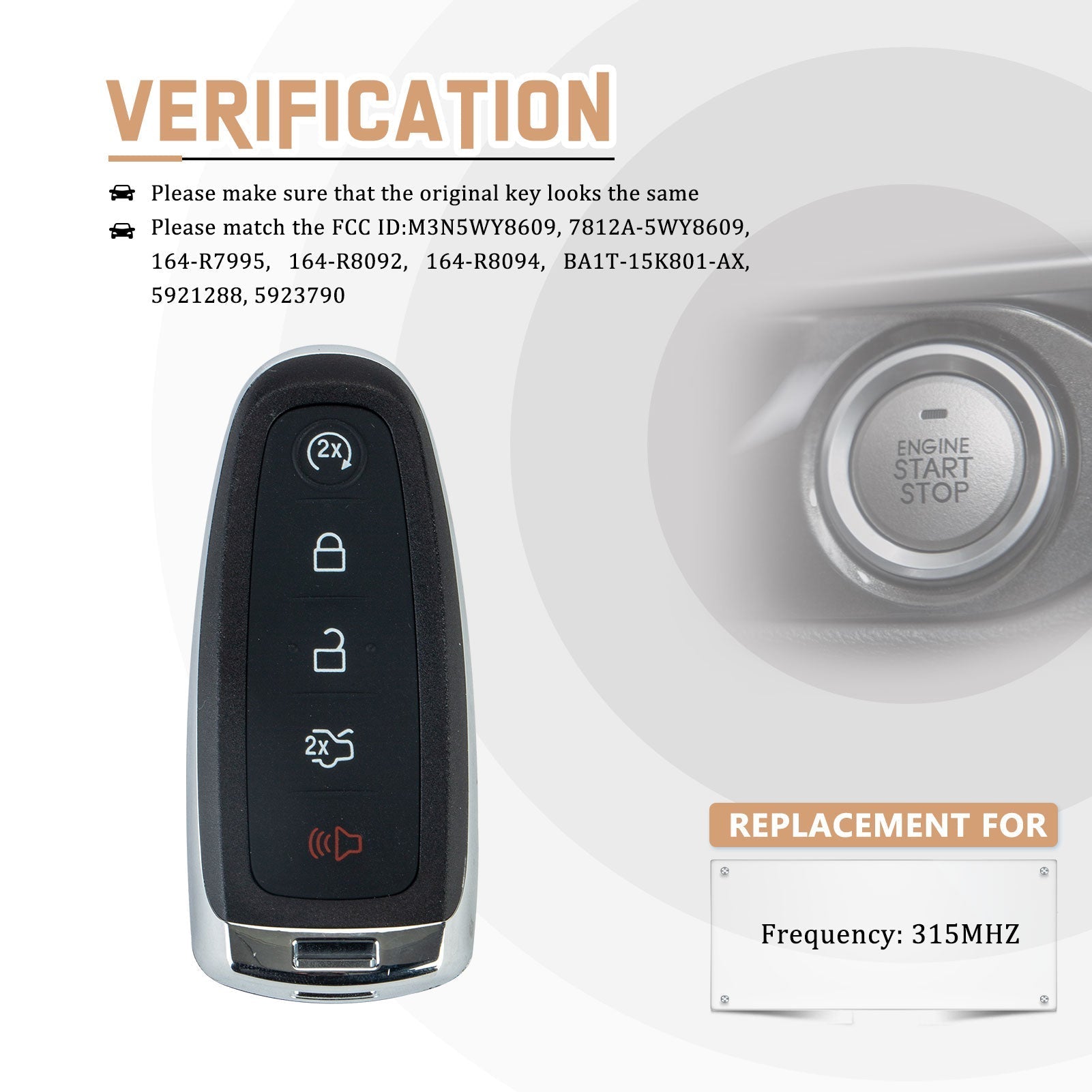 Replacement Car Key Fob for 2011 2012 2013 2014 2015 F0RD Edge with FCC ID: M3N5WY8609, 7812A-5WY8609, 164-R7995, 164-R8092, 164-R8094, BA1T-15K801-AX, 5921288, 5923790 315MHZ KR-F5RBV10