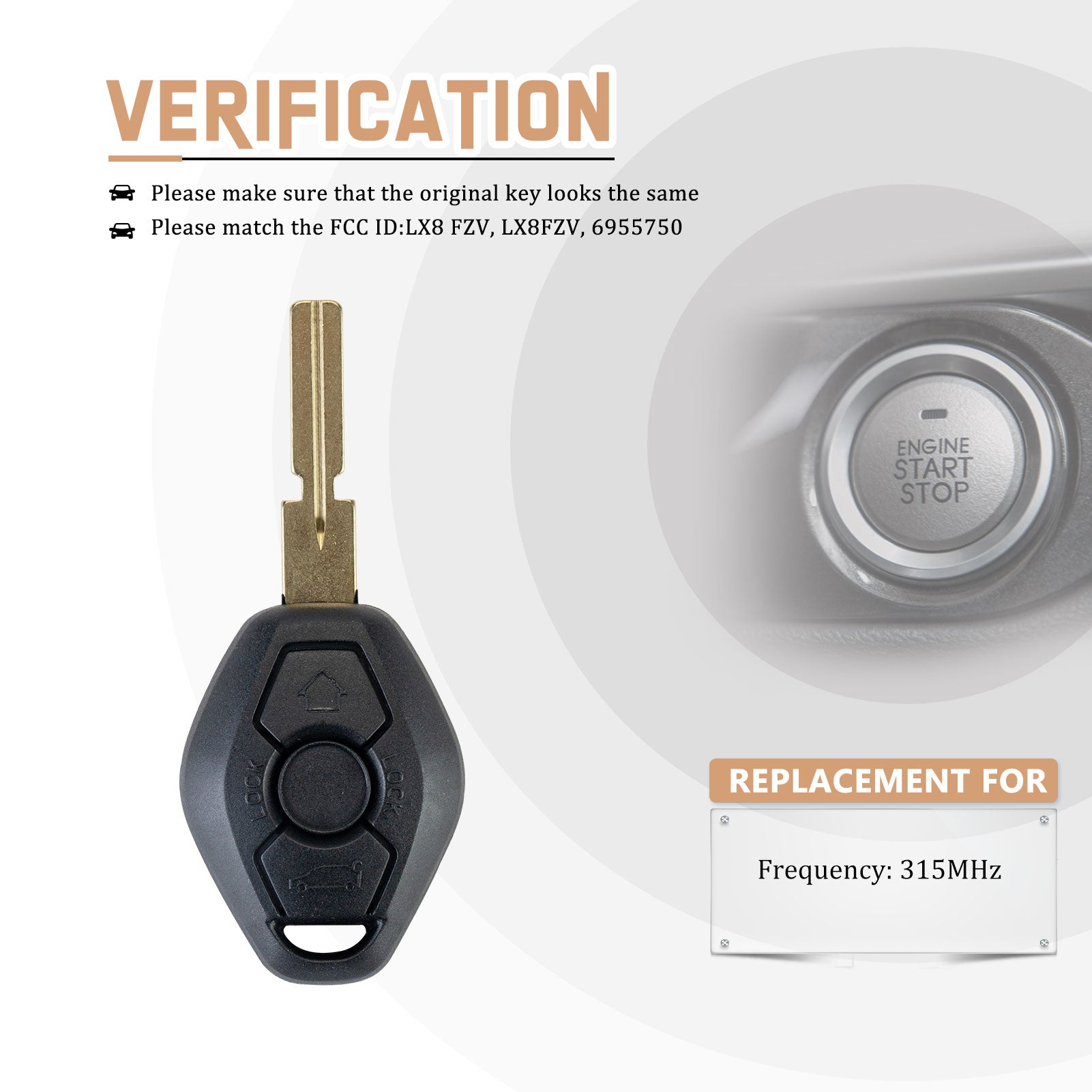 Replacement Car Key Fob for 1997/1998/1999/2000 BMW 328i 528i 540i 740i 740iL 750iL 315 MHZ with FCC ID:LX8 FZV, LX8FZV, 6955750 B3SB