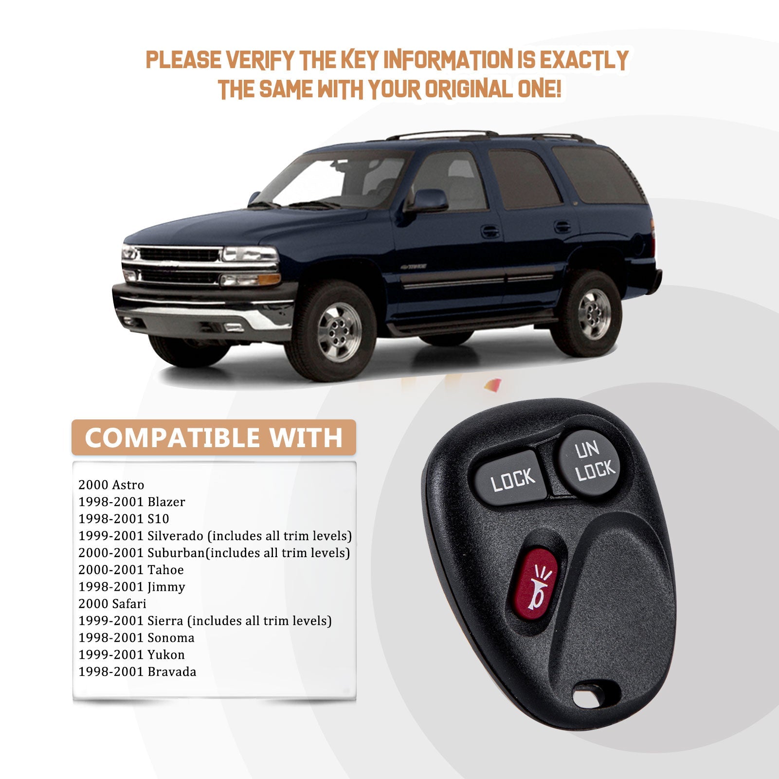 New Keyless Entry Replacement Car Key Fob for 1999/2000/2001 Silverado 2000-2001 Suburban 2000-2001 Tahoe Sierra Yukon with FCC ID: KOBUT1BT P/N: 15732803 C3RH(5)