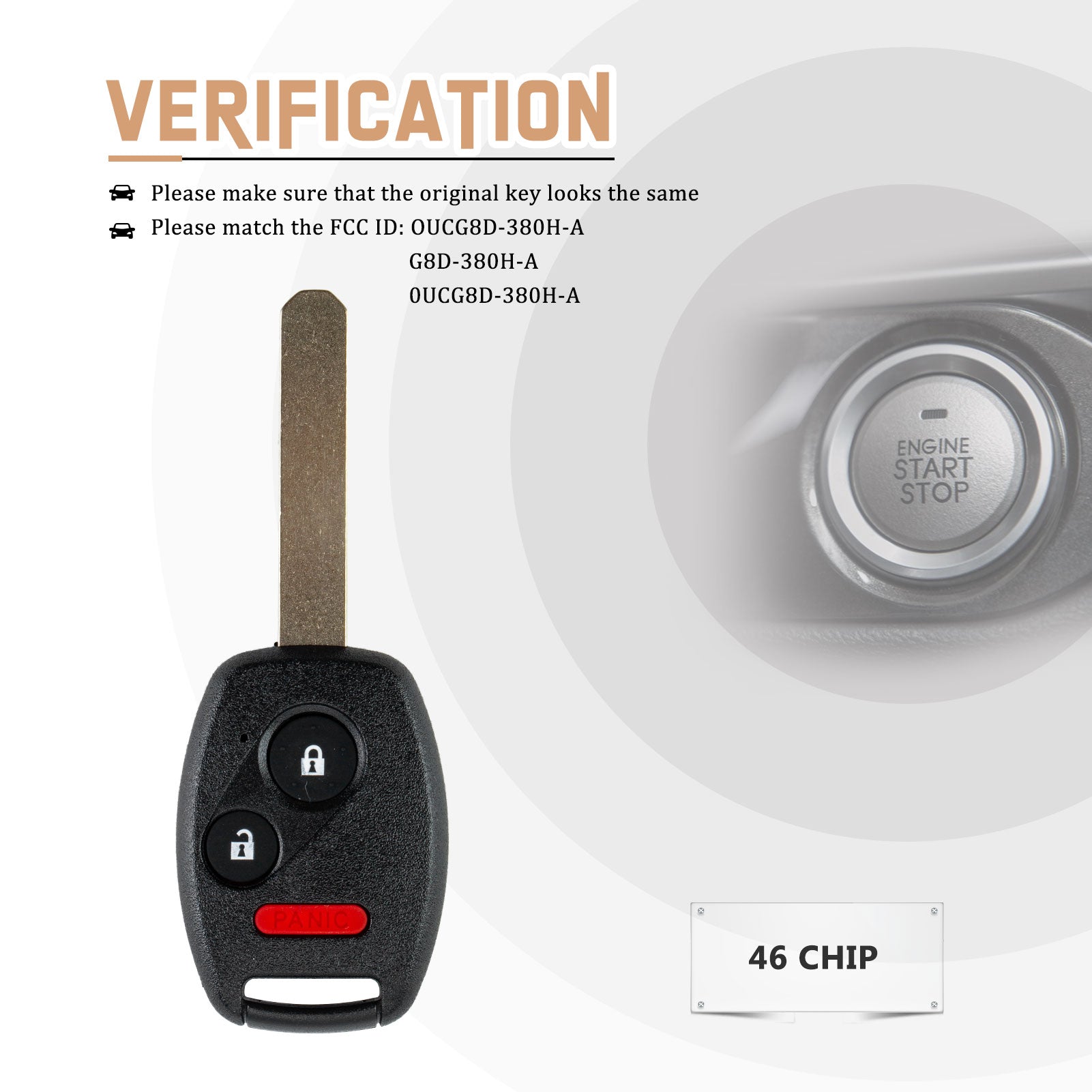 New Keyless Entry Replacement Car Key Fob for Honda Fit, Odyssey, Ridgeline with FCC ID:OUCG8D-380H-A 46 Chip H3SA