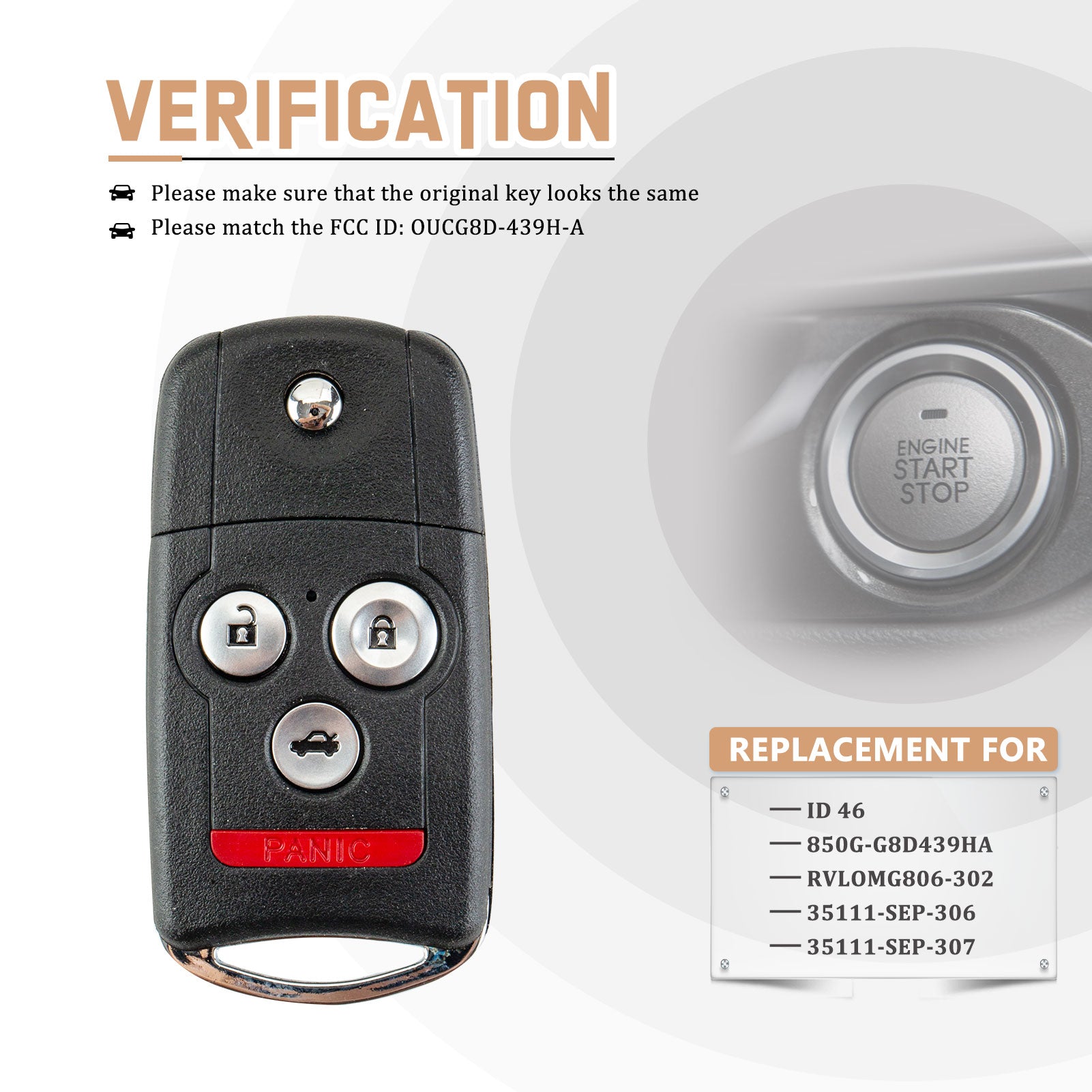 New Replacement for TL 4 Button Flip Remote Key with Part Numbers: ID 46, OUCG8D-439H-A, 850G-G8D439HA, RVLOMG806-302, 35111-SEP-306, 35111-SEP-307 A4SA