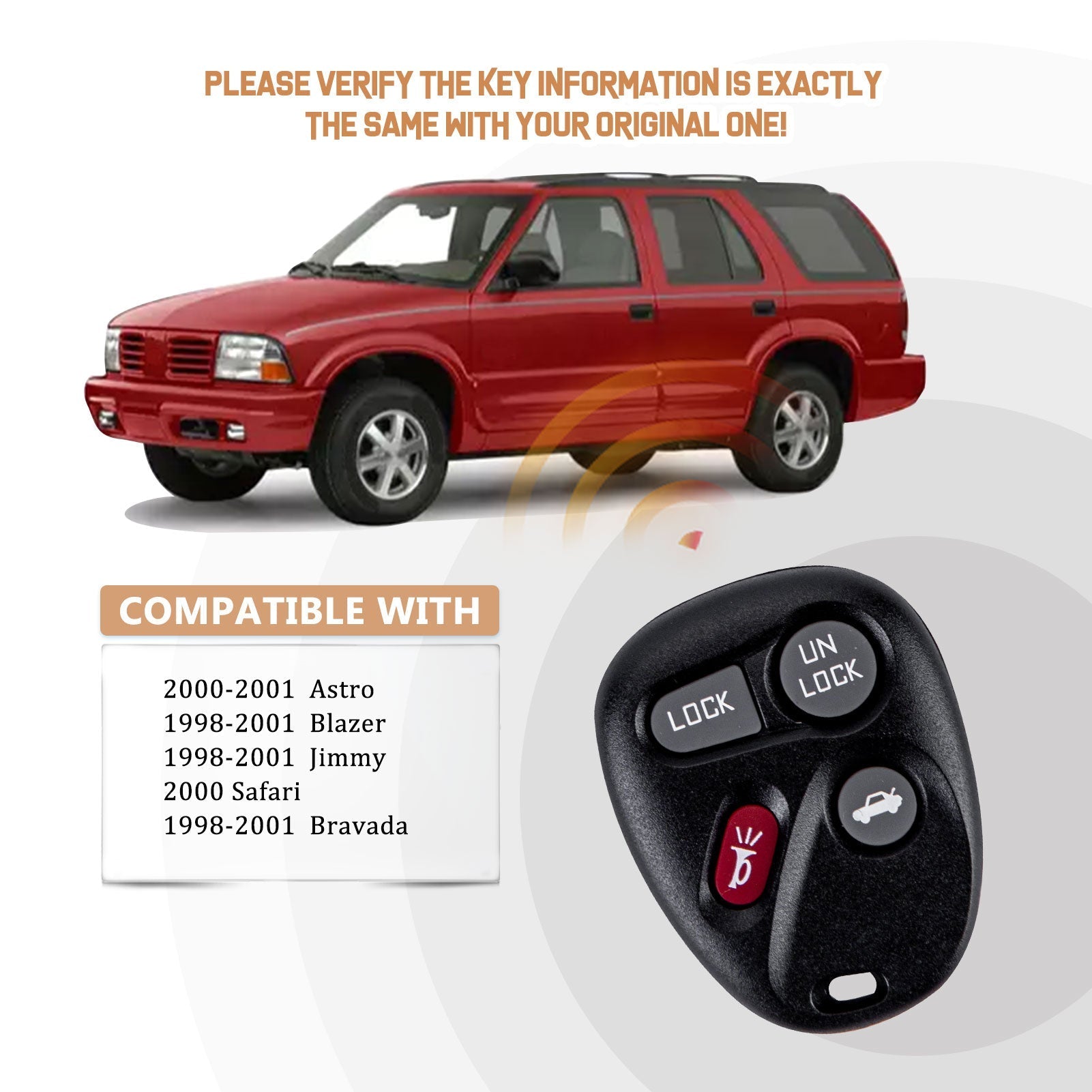 New Keyless Entry Replacement Car Key Fob for Astro Blazer Jimmy Safari Bravada 1998/1999/2000/2001 with FCC ID: KOBUT1BT P/N: 15732805 C4RM(10)