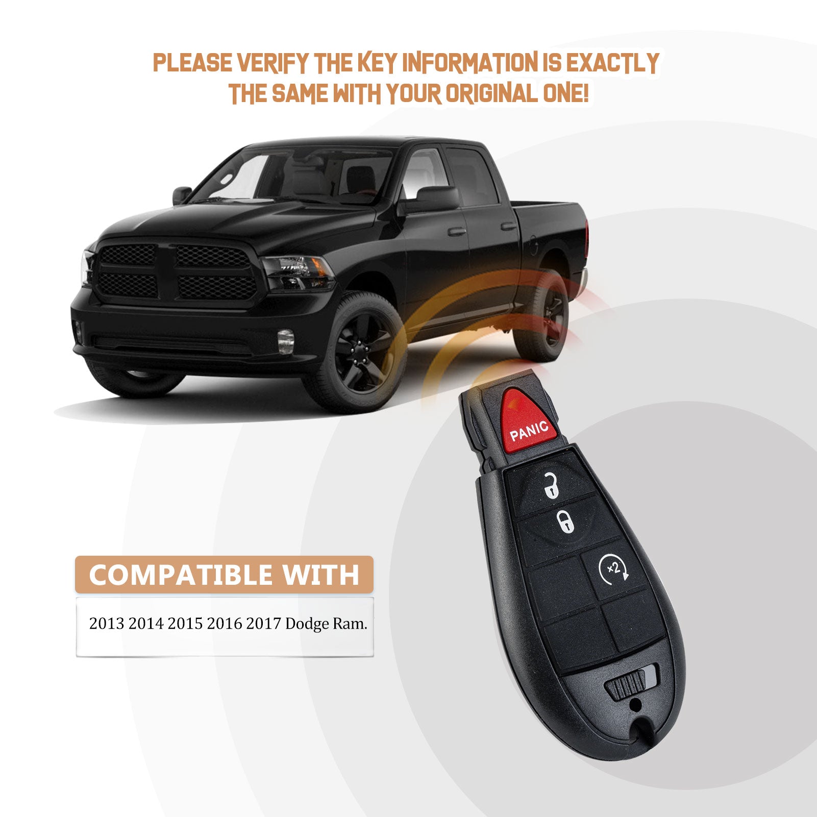 Brand New Car Key Fob Replacement for 2013/2014/2015/2016/2017 RAM 1500 with FCC ID: GQ4-53T D4RE