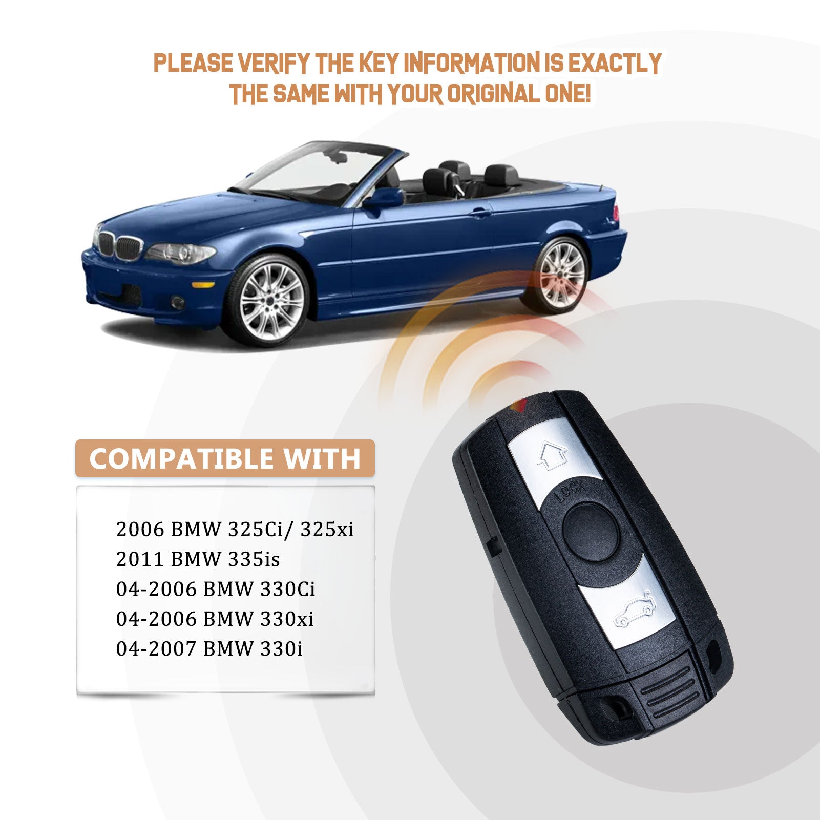 Car Key Fob Replacement for 328i xDrive 328xi 2007/2008/2009/2010/2011 with FCC ID: KR55WK49127, KR55WK49123 B3RA