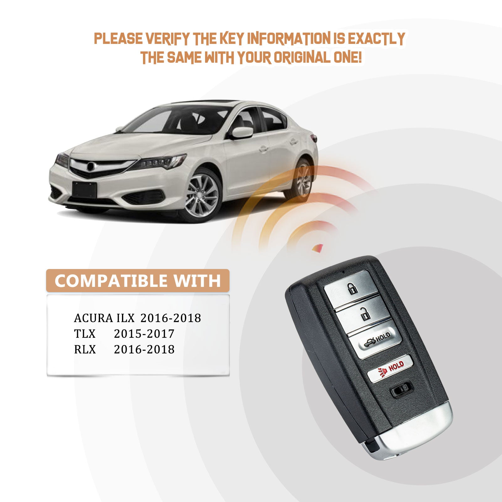 Replacement Car Key Fob for 2015/2016/2017/2018 Acura ILX RLX TLX with FCC ID: KR5V1X 313.8MHZ A4RB