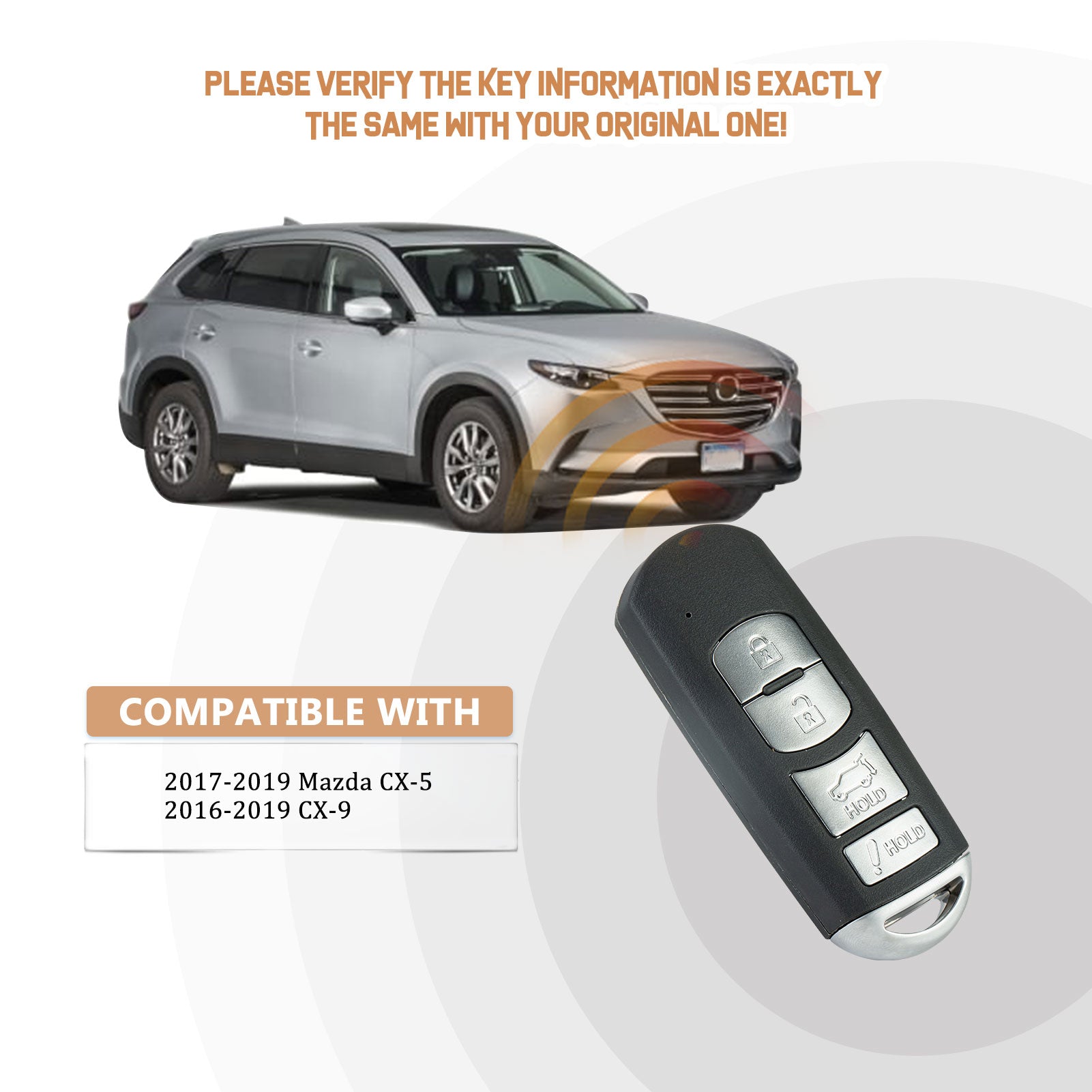 Replacement Car Key Fob for2016/2017/2018/2019 Mazda CX-5 CX-9 with FCC ID: WAZSKE13D01 315MHZ KR-M4RC