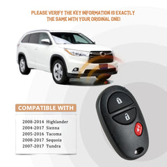 New Keyless Entry Replacement Car Key Fob for 2008-2014 Highlander 2004-2017 Sienna 2005-2016 Tacoma Sequoia Tundra FCC ID: GQ43VT20T T3RC