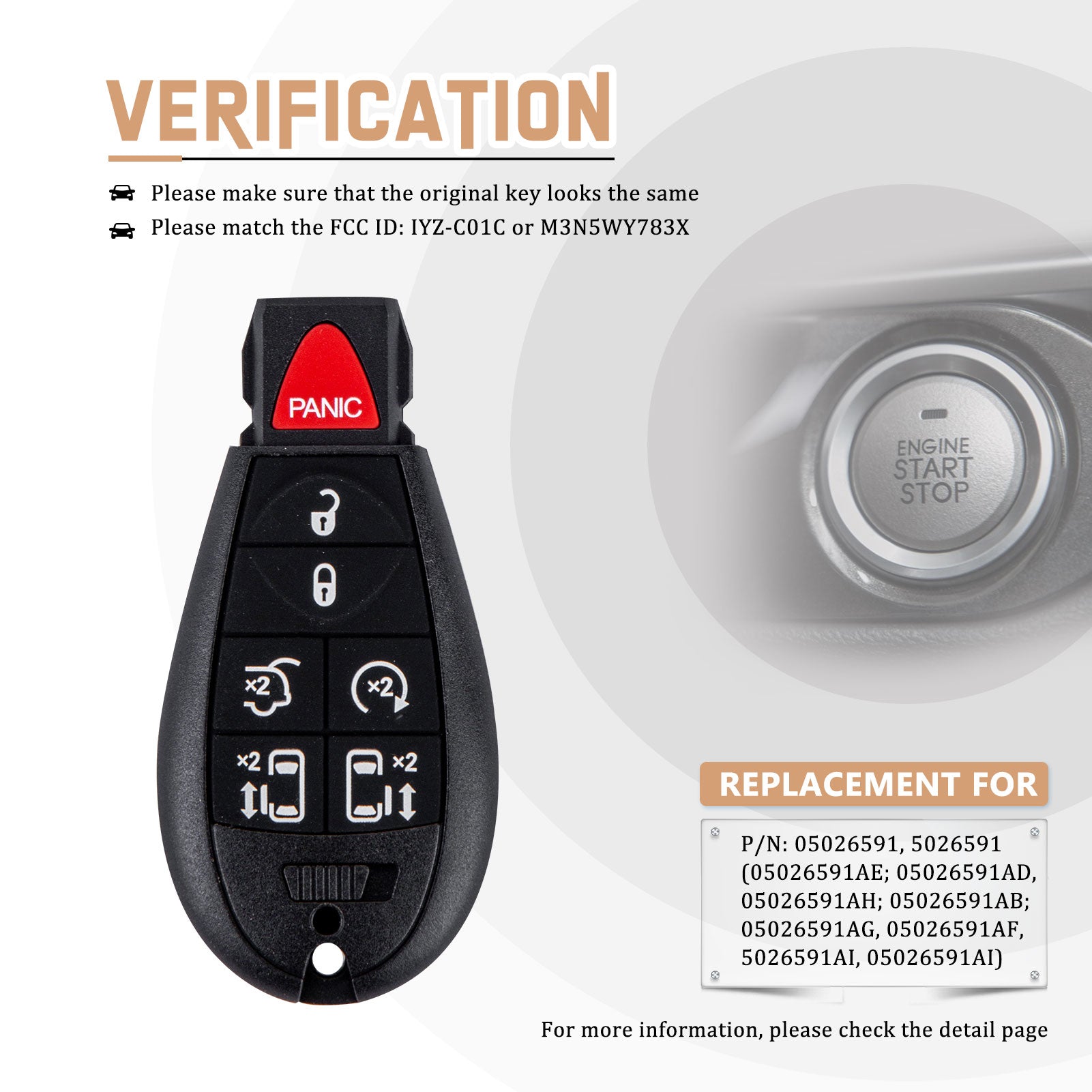 New Keyless Entry Replacement Car Key Fob for 2008/2009/2010/2011/2012/2013/2014 Grand Caravan with FCC ID: IYZ-C01C or M3N5WY783X D7RA