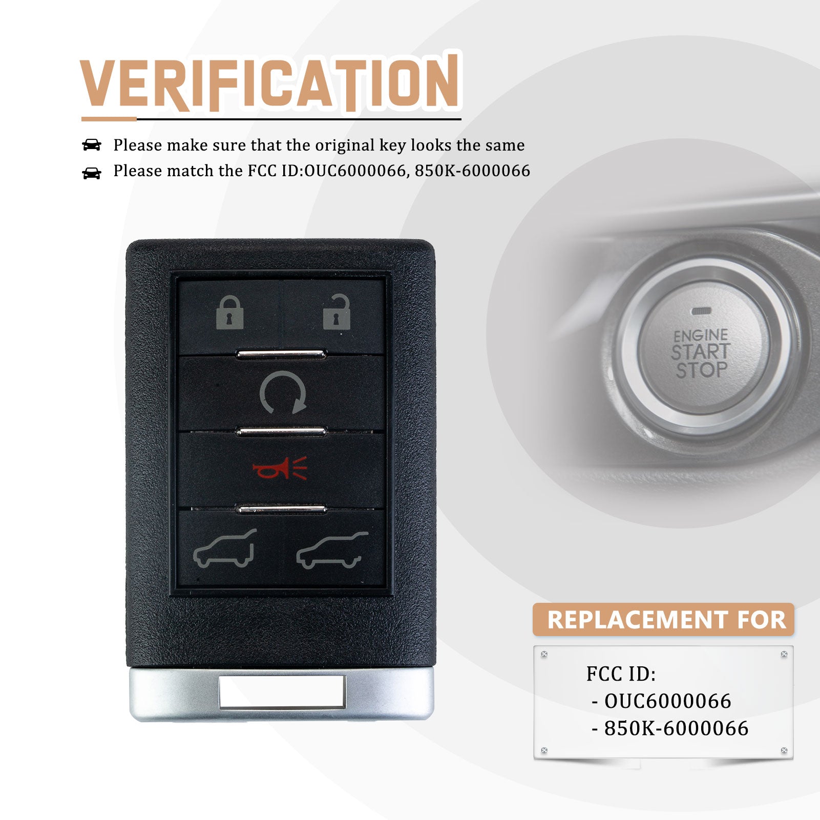 Brand New Car Key Fob Replacement for 2007/2008/2009/2010/2011/2012/2013/2014 Escalade with P/N: OUC6000066, 850K-6000066 G6RA(5)