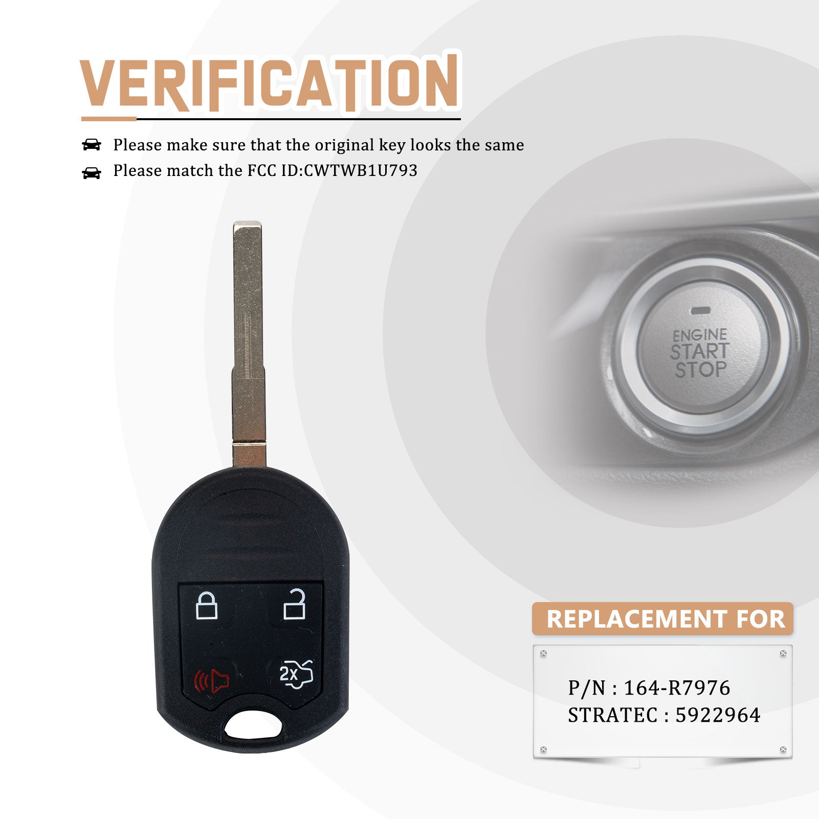 Brand New Car Key Fob Replacement for 2011/2012/2013/2014/2015/2016 Fiesta with FCC ID: CWTWB1U793 P/N : 164-R7976 STRATEC : 5922964 F4SD