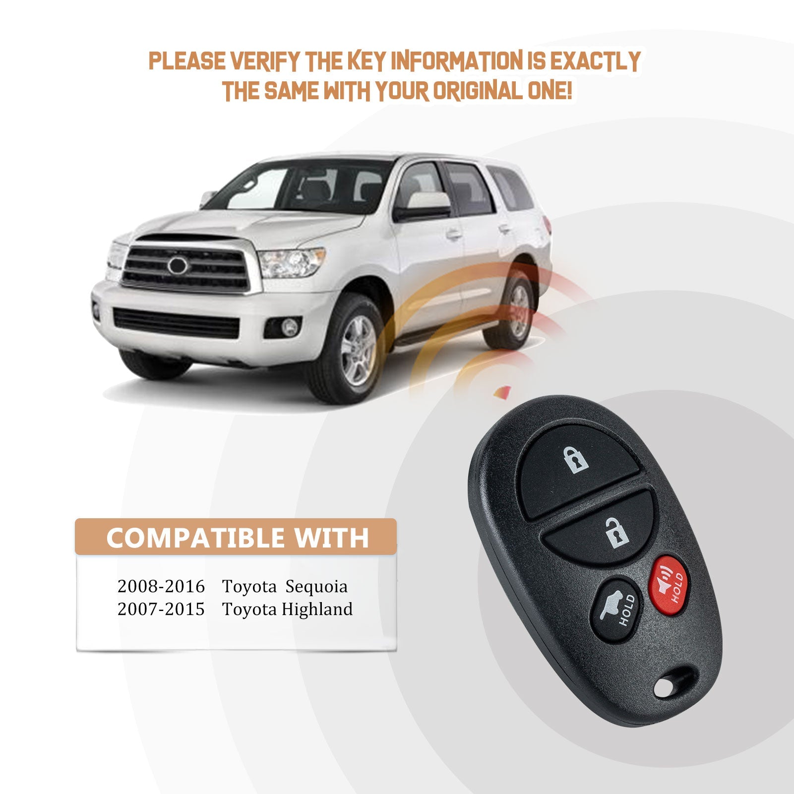 Car Key Fob Replacement for Highlander Sequoia 4 BTN Remote with FCC ID: GQ43VT20T 315MHZ T4RC