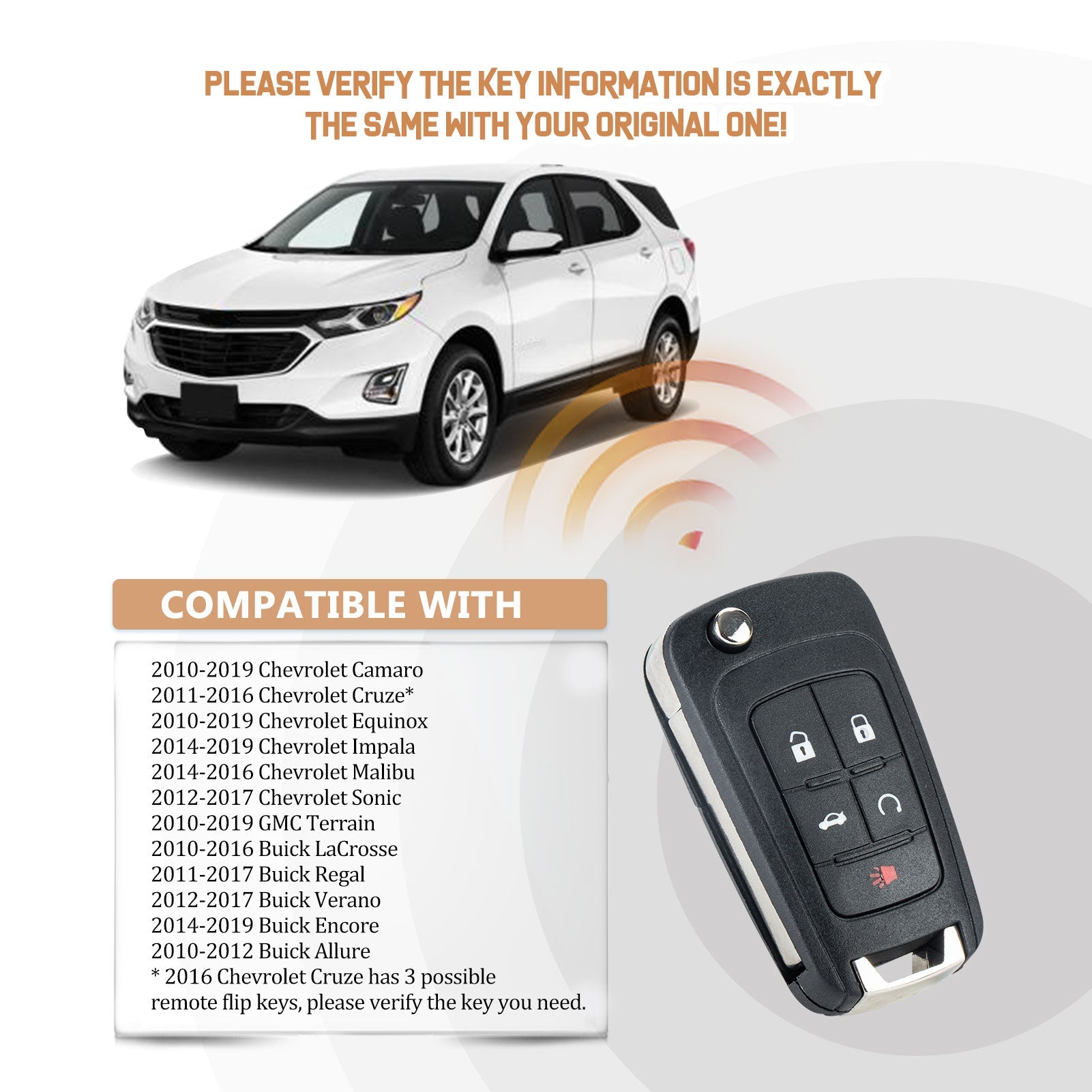 Car Key Fob Replacement for Camaro Equinox with FCC ID: OHT01060512 315MHZ C5SA