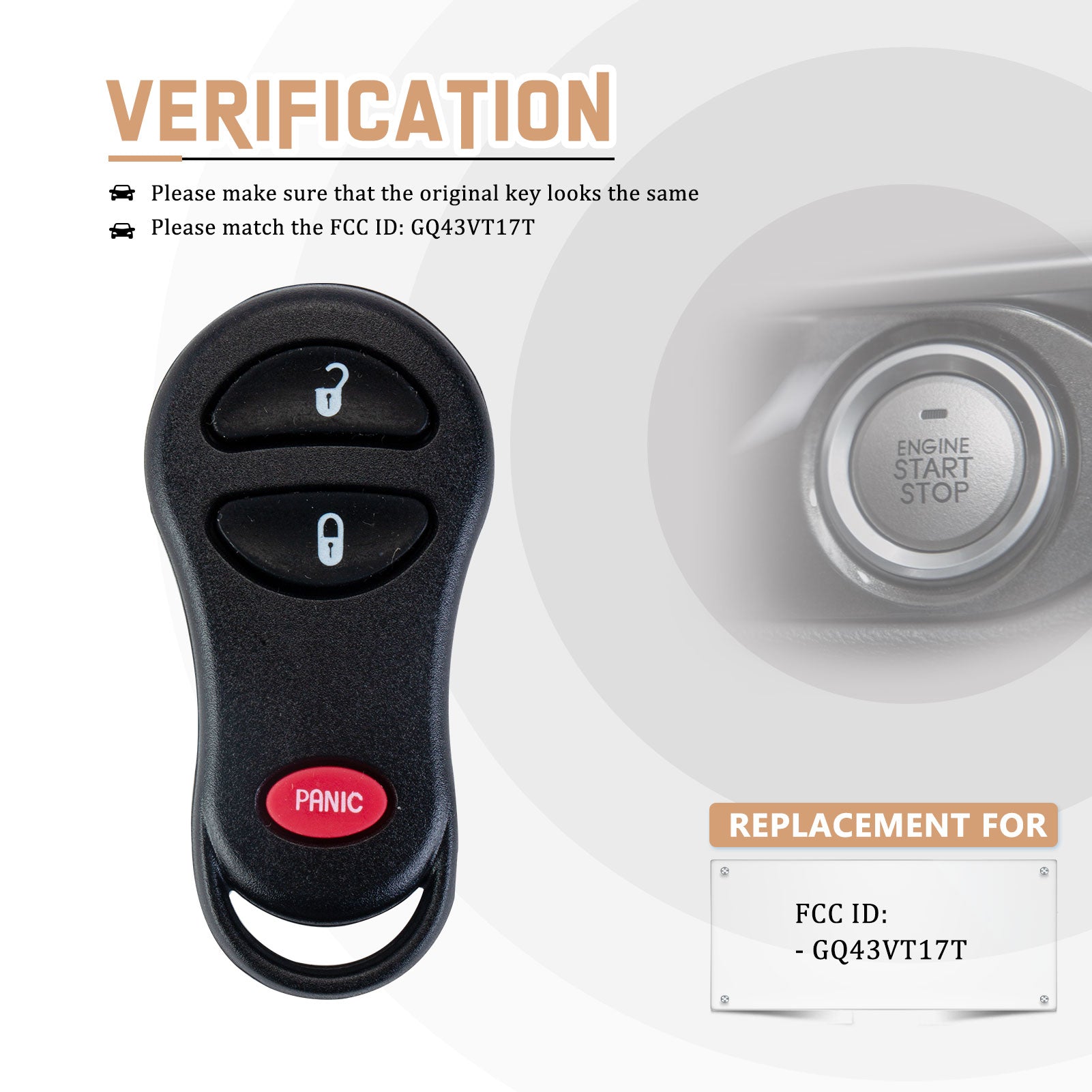 Brand New Self Programmable Car Key Fob Replacement for Dodge&Chrysler 3 Button with FCC ID: GQ43VT17T D3RB