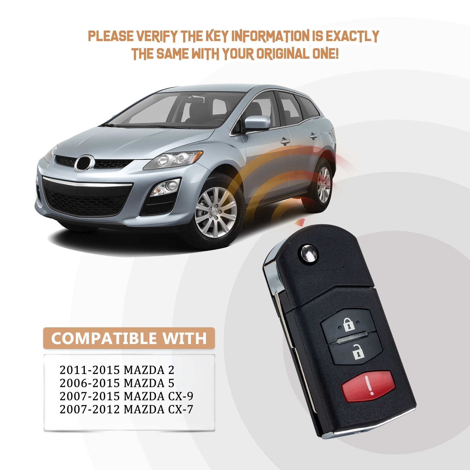 New Replacement Car Key for 2011-2015 MZDA 2, 2006-2015 MZDA 5, 2007-2015 MZDA CX-9, 2007-2012 MZDA CX-7 with P/N:BGBX1T478SKE125-01, 662F-SKE12501 M3SA(10)