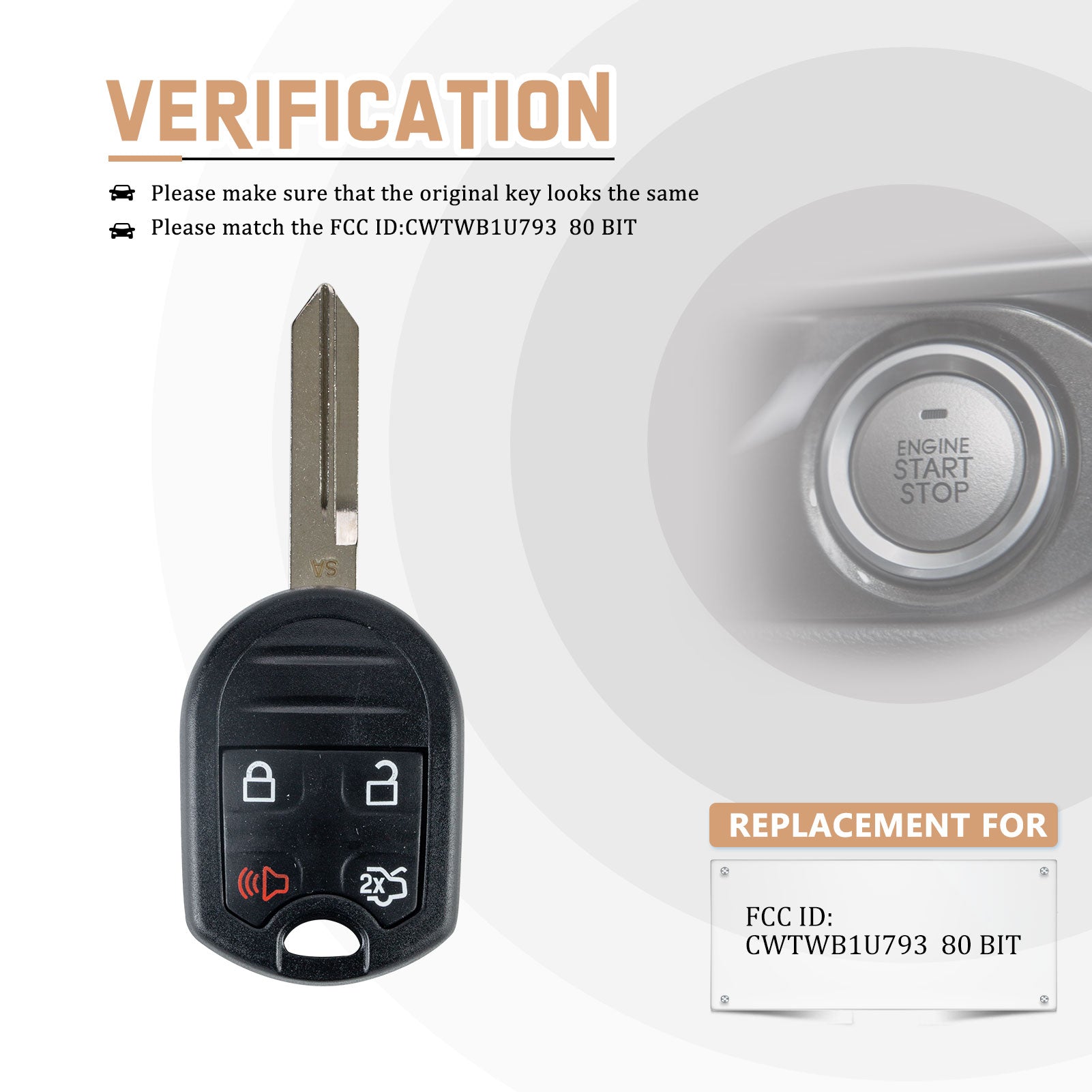 Car Key Fob Replacement for Ford 4 BTN Head Key 80 BIT with FCC ID: CWTWB1U793 315MHZ F4SB