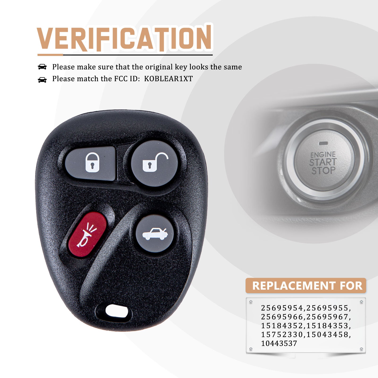 New Keyless Entry Replacement Car Key Fob for Selected Cars with P/N:25695954/25695955/25695966/25695967/15184352/15184353/15752330/15043458/10443537 FCC ID: KOBLEAR1XT C4RD