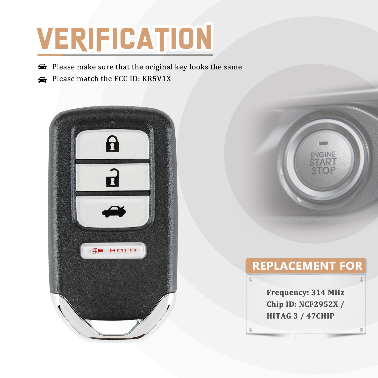 New Keyless Entry Replacement Car Key Fob for 2016/2017/2018/2019/2020 HR-V FCC: KR5V1X Frequency: 314 MHz Chip ID: NCF2952X / HITAG 3 / 47CHIP H4RD