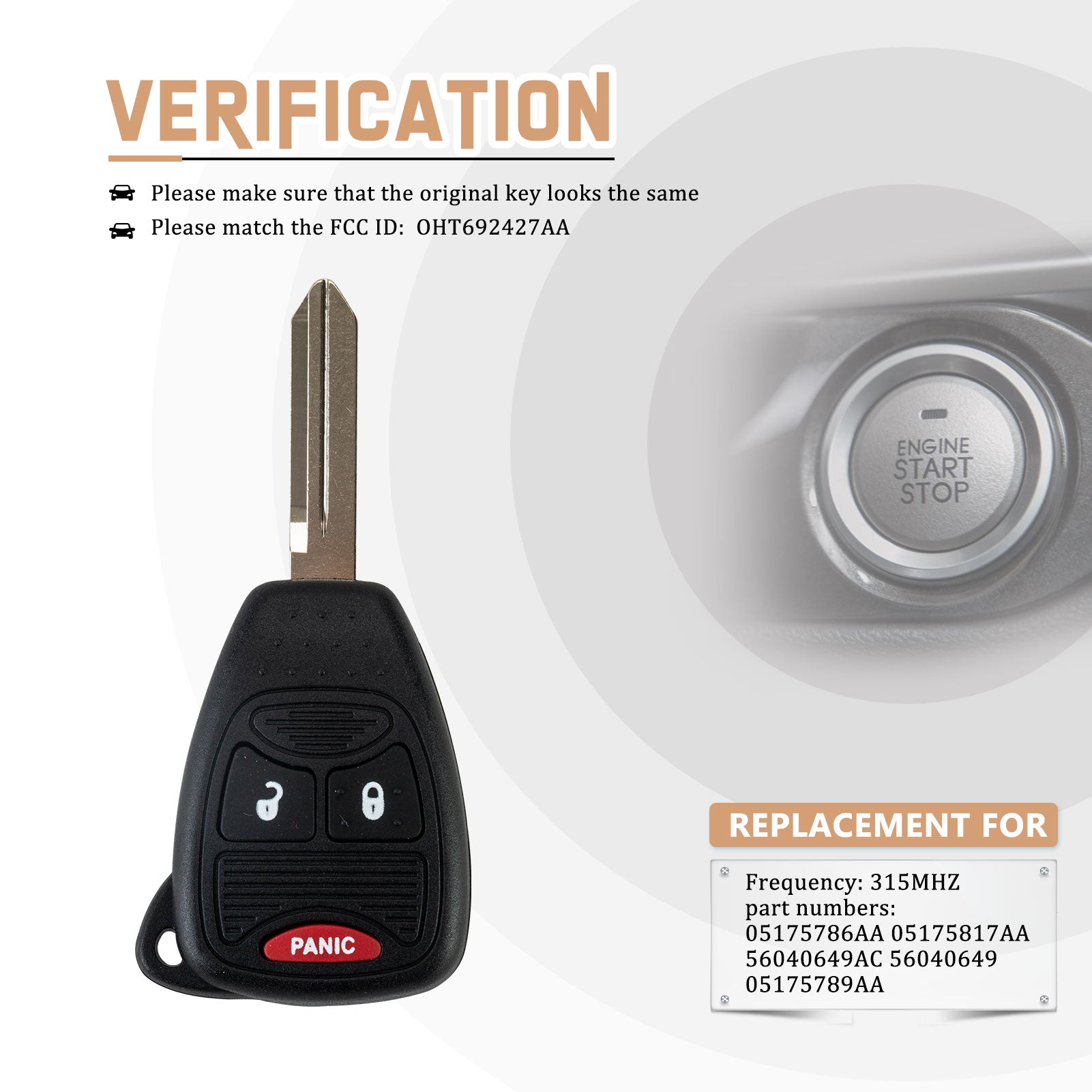 Replacement Car Key Fob for Chrisler D0dge Je-p with FCC ID: OHT692427AA 315MHZ KR-D3SA