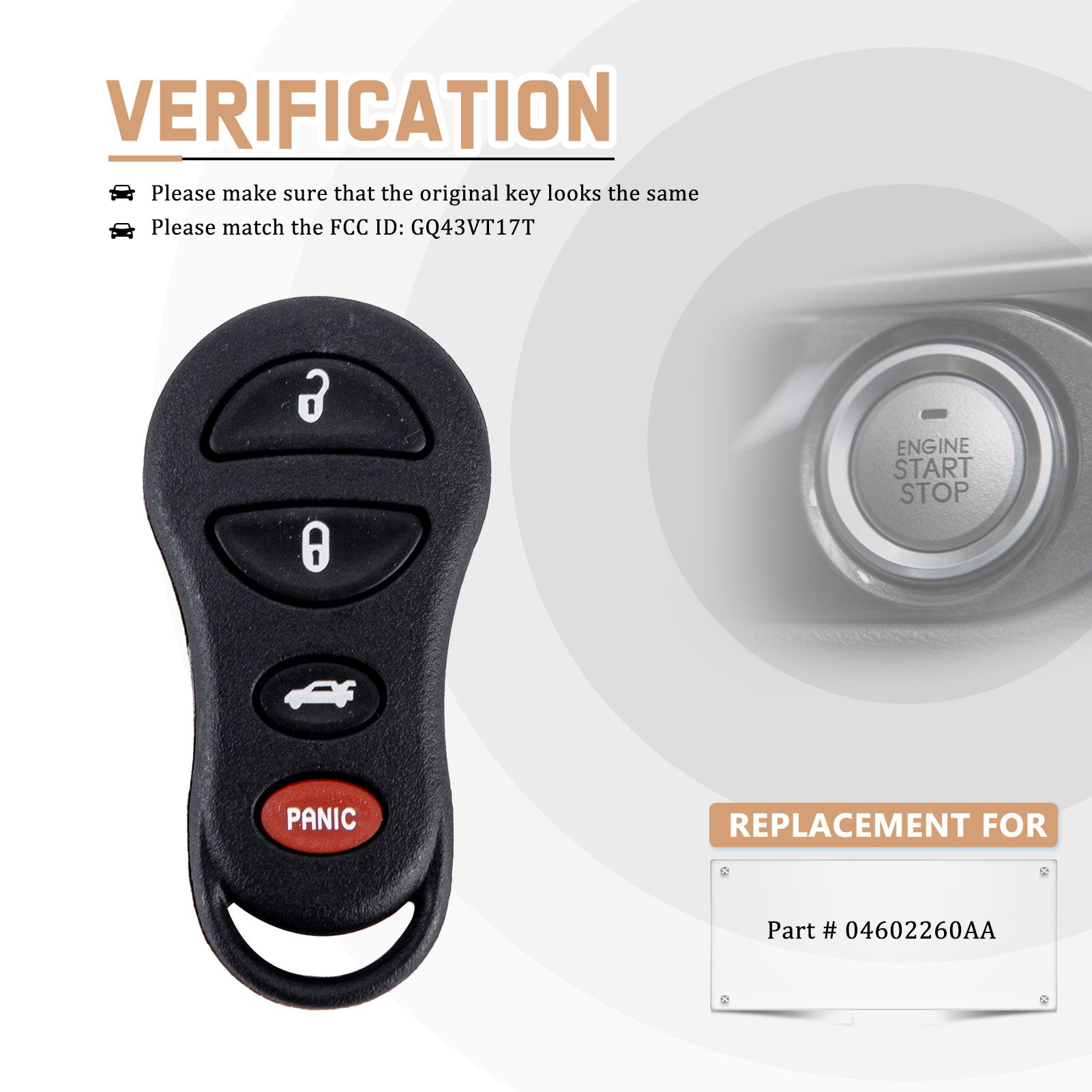 New Keyless Entry Replacement Car Key Fob for Chrysler 300M 1999/2000/2001/2002/2003/2004 with FCC ID: GQ43VT17 P/N: 04602260 D4RD