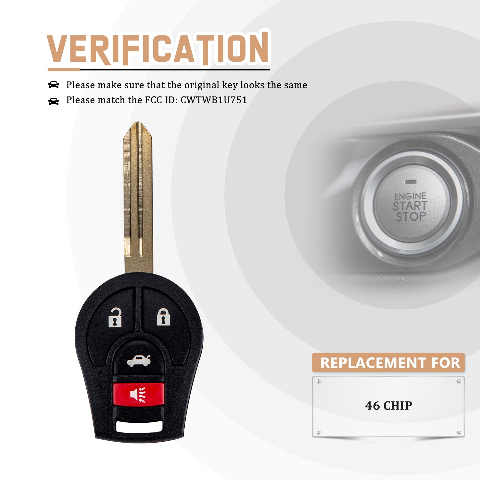 Replacement Car Key Fob for Nisan Head Key with FCC ID: CWTWB1U751 46 CHIP N4SA