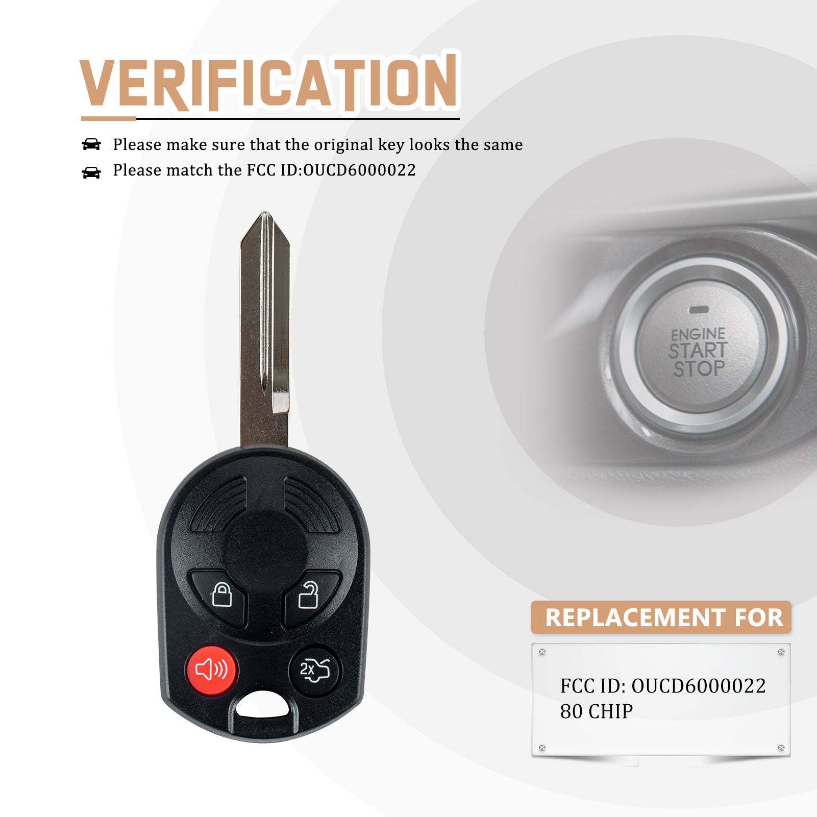 Car Key Fob Replacement for Ford Head 4 BTN 80 BIT with FCC ID: OUCD6000022 315MHZ F4SA