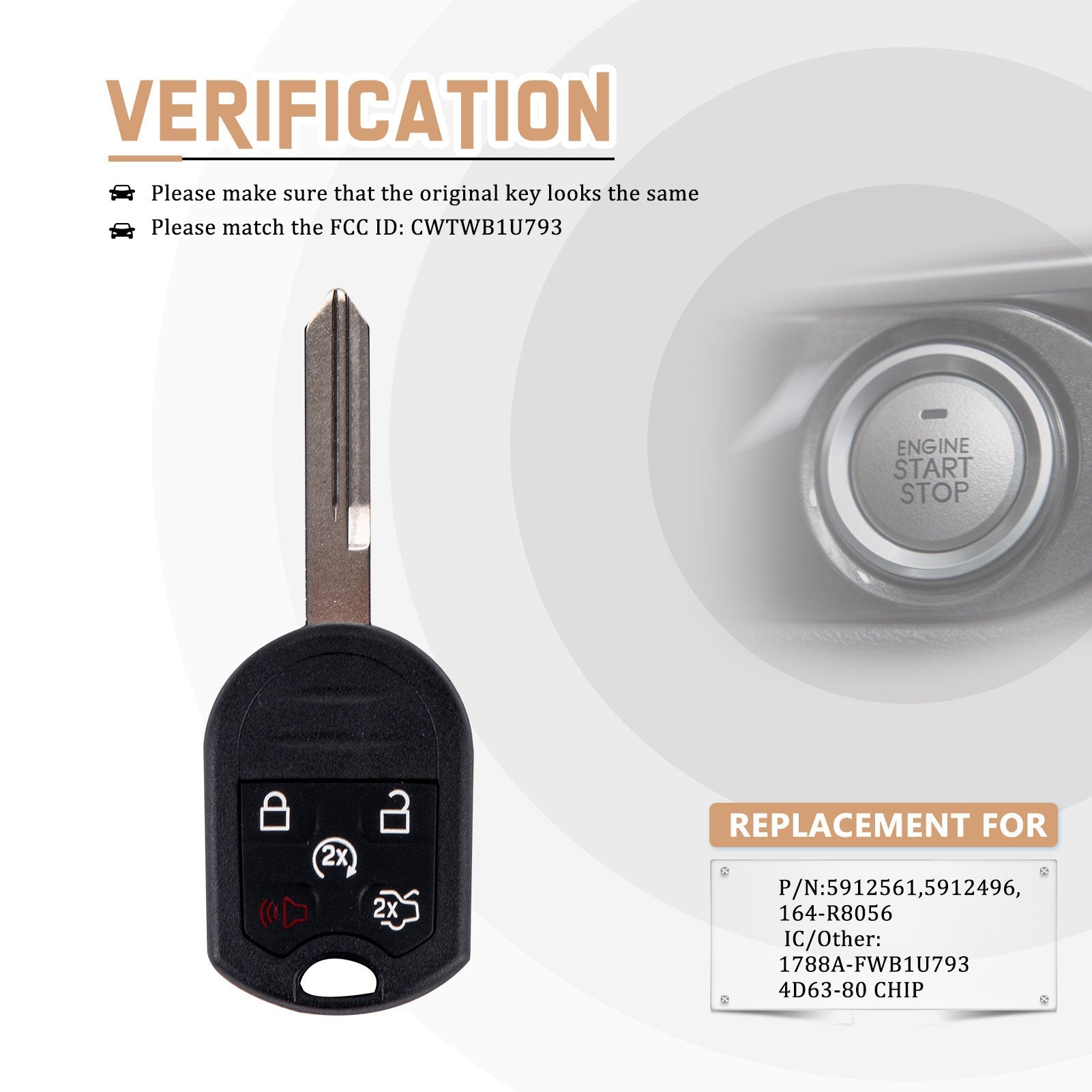 New Keyless Entry Replacement Car Key Fob for 164-R8000 with FCC ID: CWTWB1U793 4D63-80 CHIP F5SA(10)