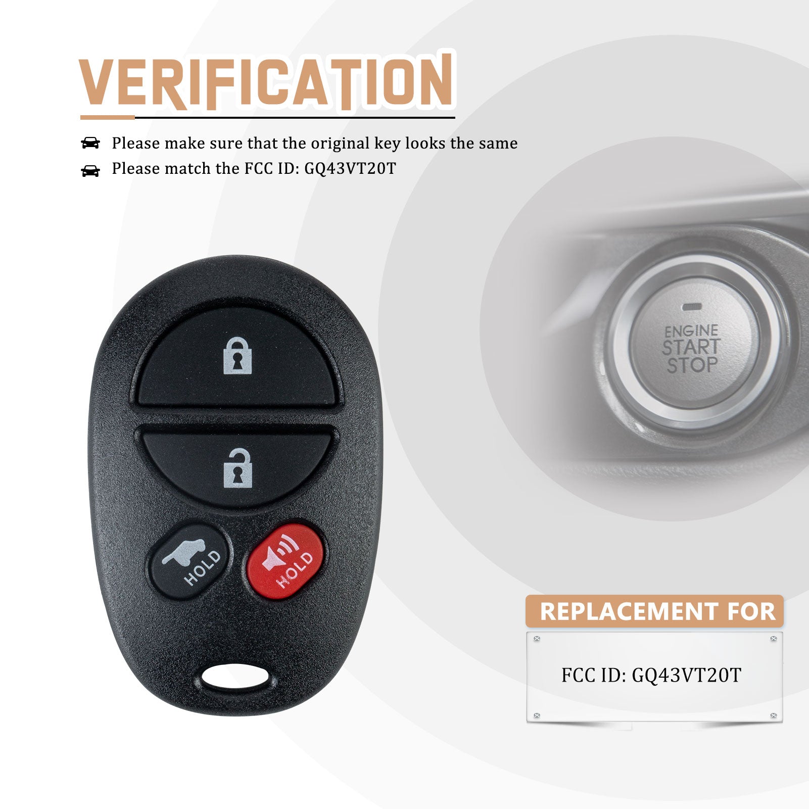 Car Key Fob Replacement for Highlander Sequoia 4 BTN Remote with FCC ID: GQ43VT20T 315MHZ T4RC