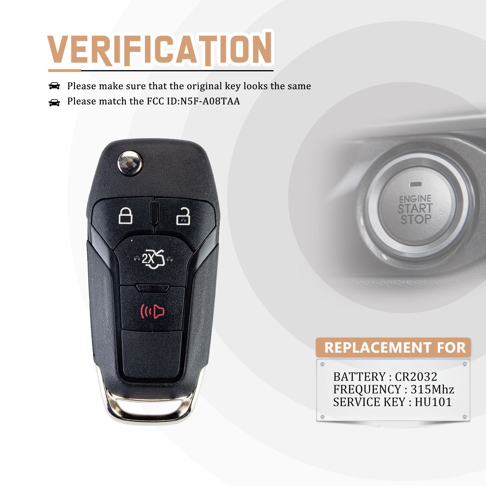 Replacement Car Key Fob for 2013/2014/2015/2016 Fusion with FCC ID: N5F-A08TAA Frequency : 315Mhz Service Key : HU101 F4SE