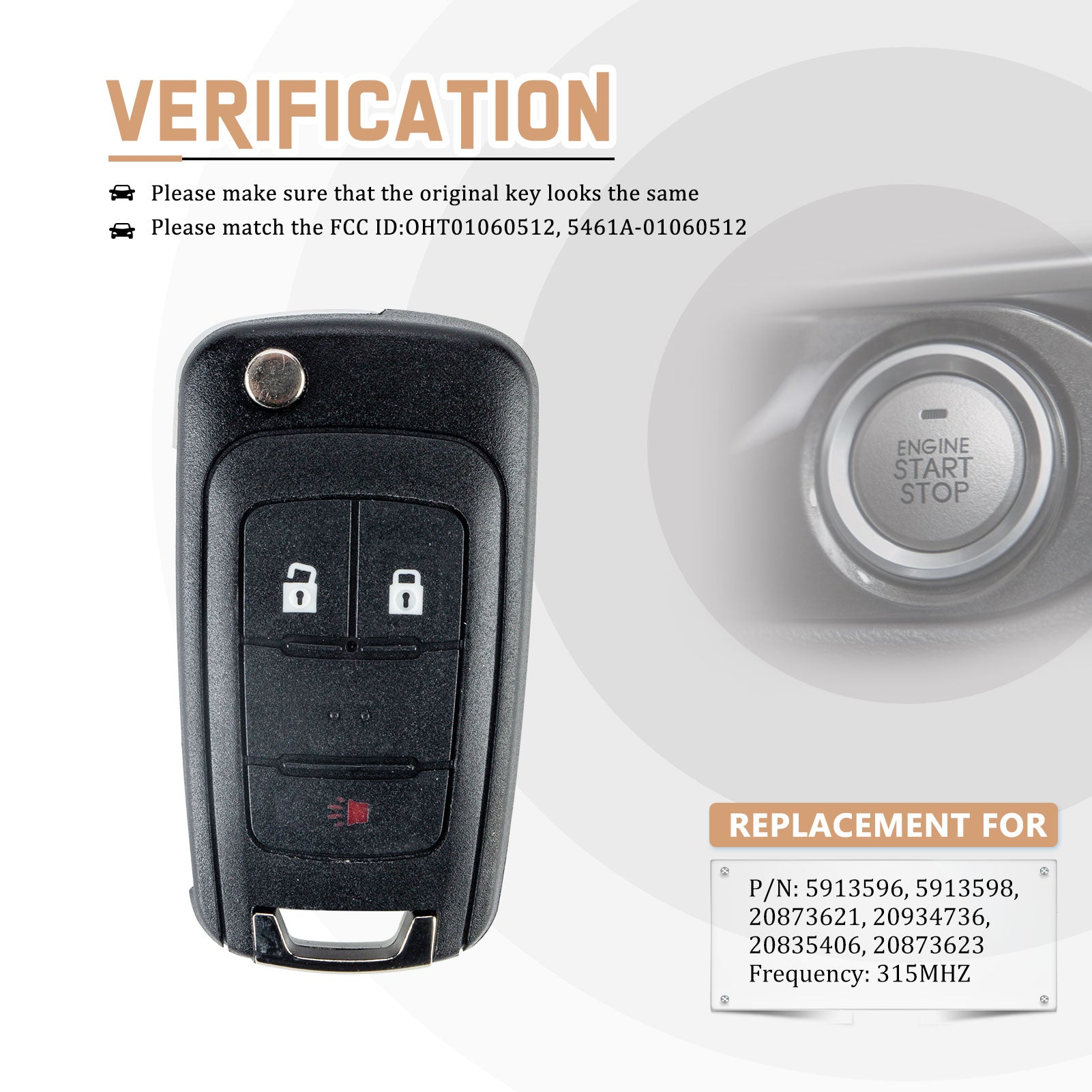 Car Key Fob Replacement for 2010/2011/2012/2013/2014/2015/2016/2017 Equinox Sonic GMC Terrain with FCC ID: OHT01060512 315MHZ C3SA