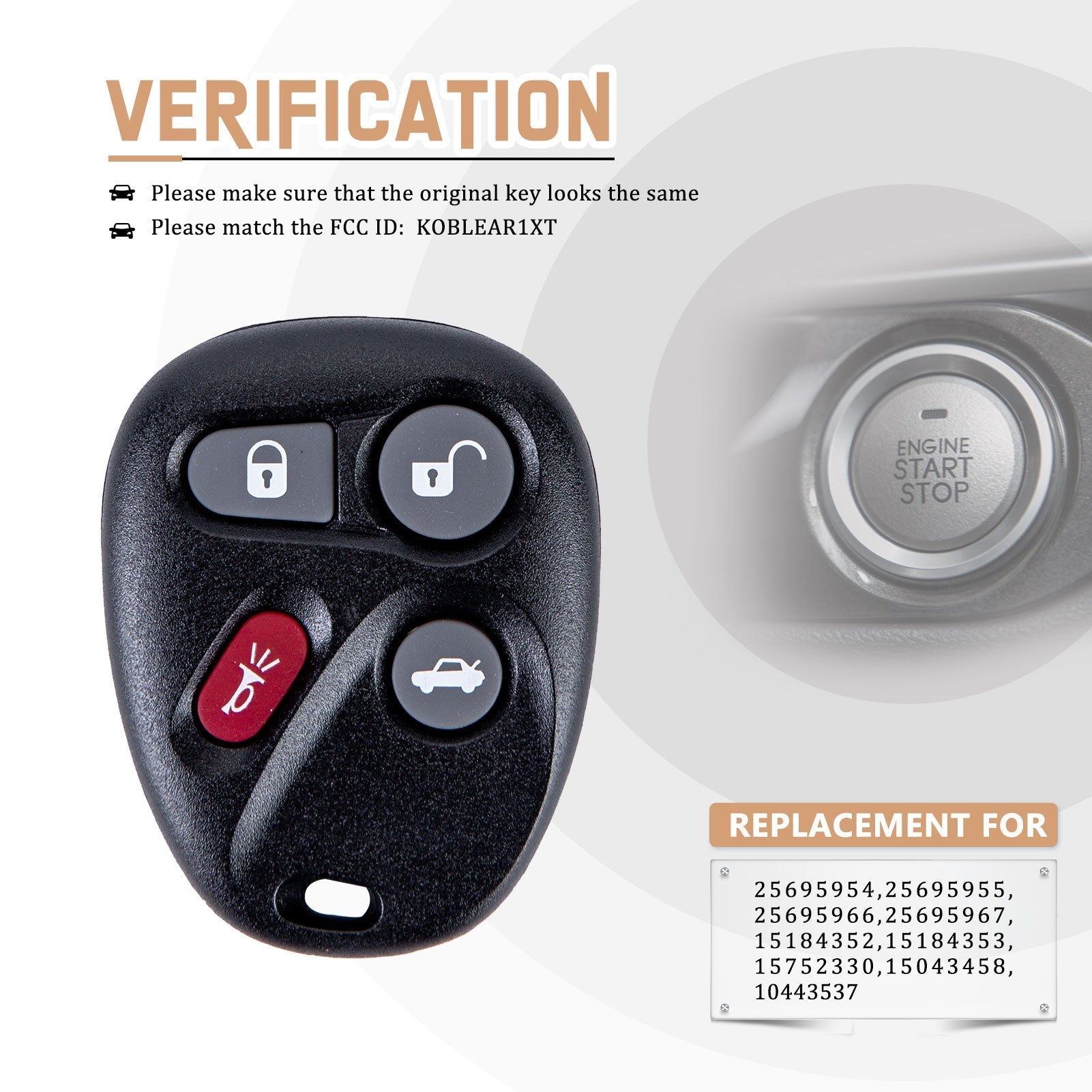 New Keyless Entry Replacement Car Key Fob for Selected Cars with P/N:25695954/25695955/25695966/25695967/15184352/15184353/15752330/15043458/10443537 FCC ID: KOBLEAR1XT C4RD(10)