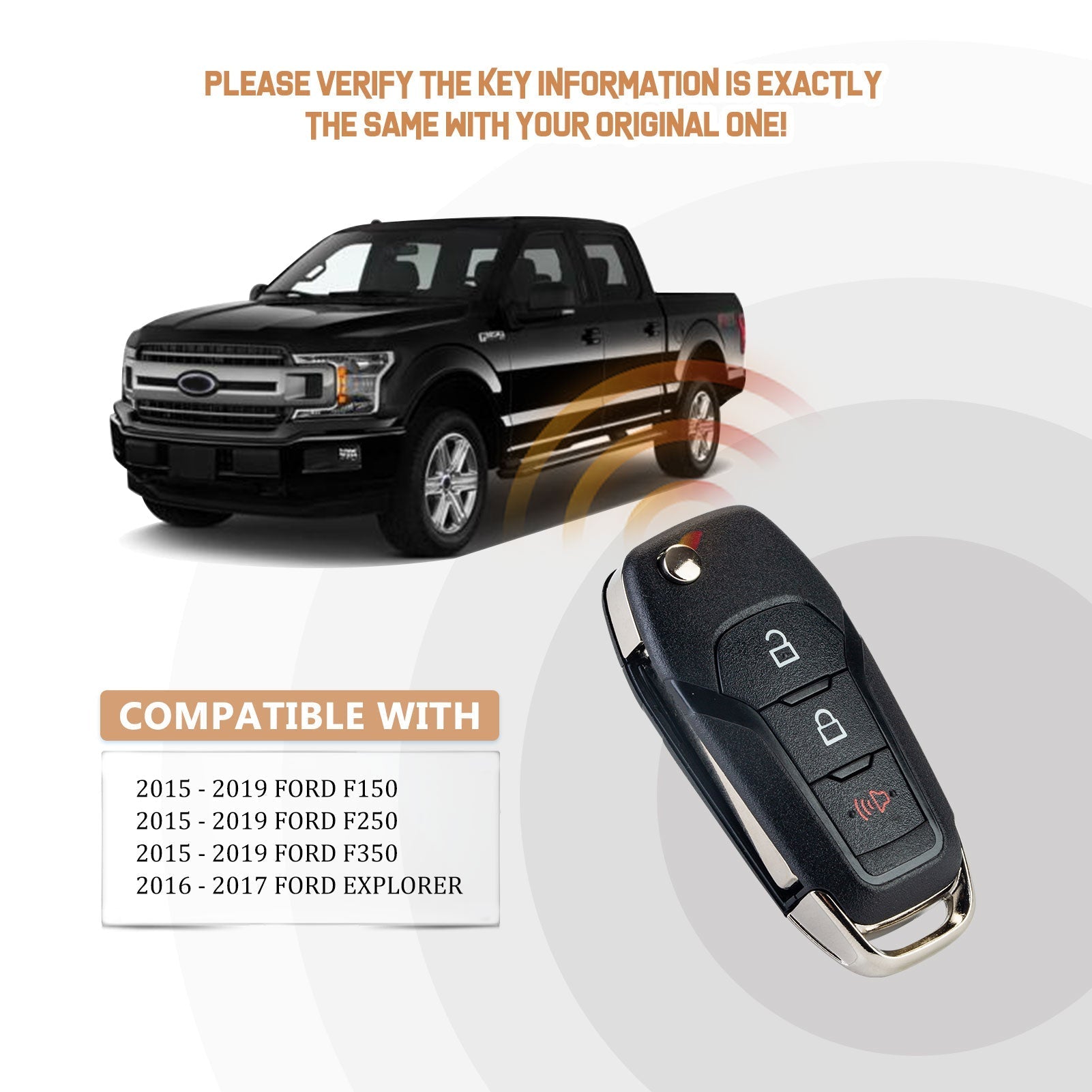 Replacement Car Key Fob for Ford 2015/2016/2017/2018/2019 F-150 with FCC ID: N5F-A08TAA IC: 3248-A08TAA P/N: 164-R8130 STRATTEC P/N: 5923667 315MHZ F3SC