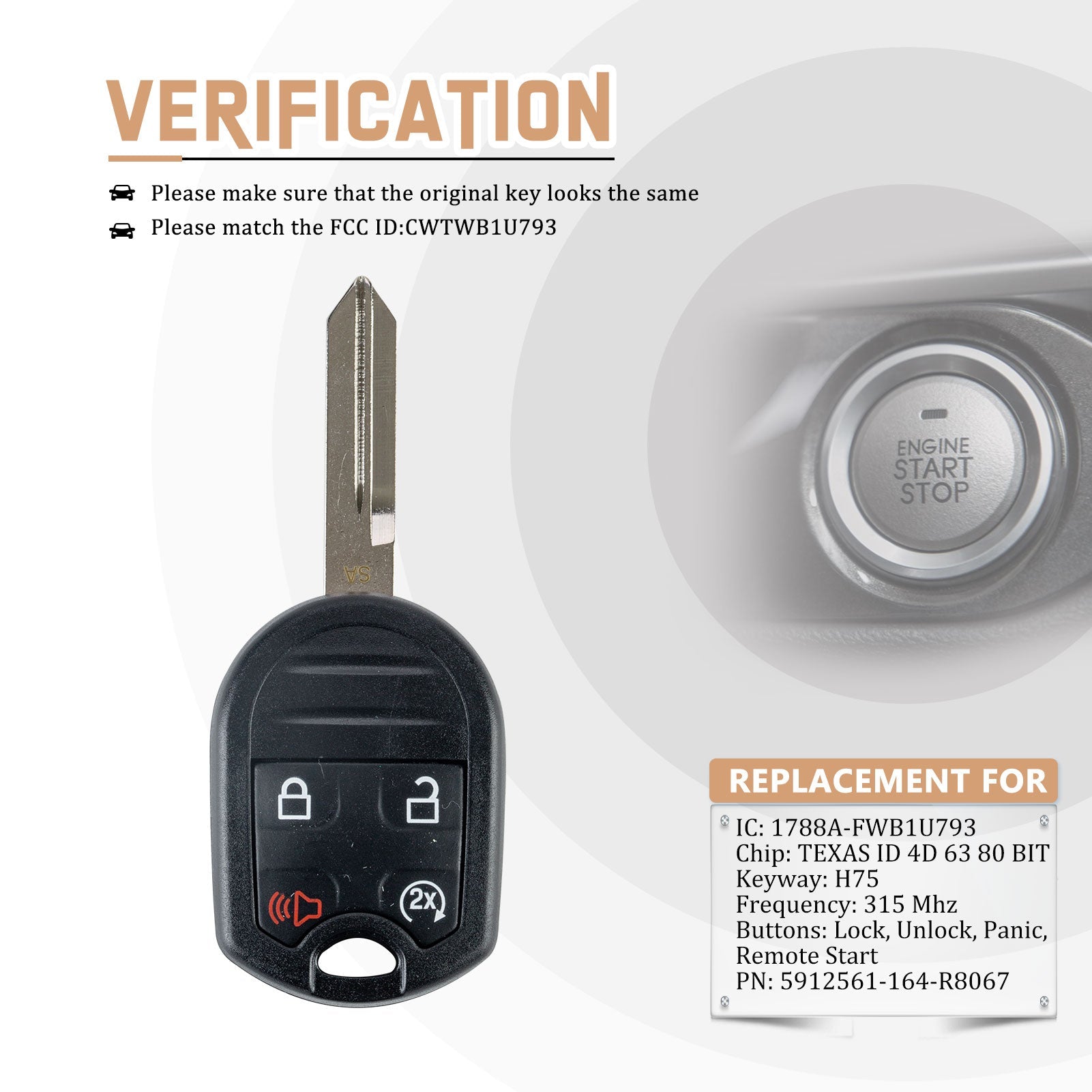 Car Key Fob Replacement for Head Key for Ford with FCC ID: OUCD6000022 164-R8067 315MHZ F4SF