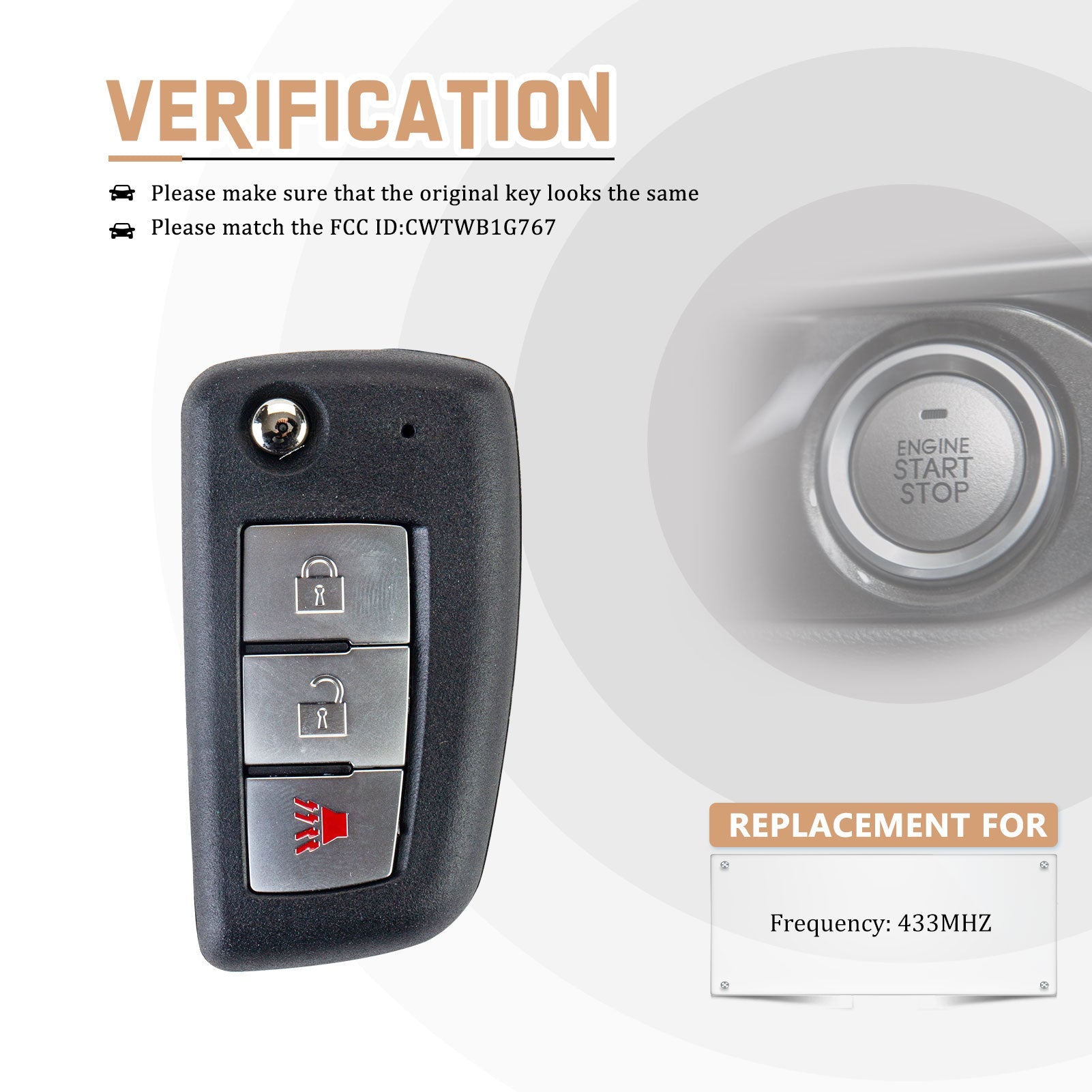 Replacement Car Key Fob for 2014/2015/2016/2017 Niss-n Rogue S with FCC ID: CWTWB1G767 433MHZ N3RB