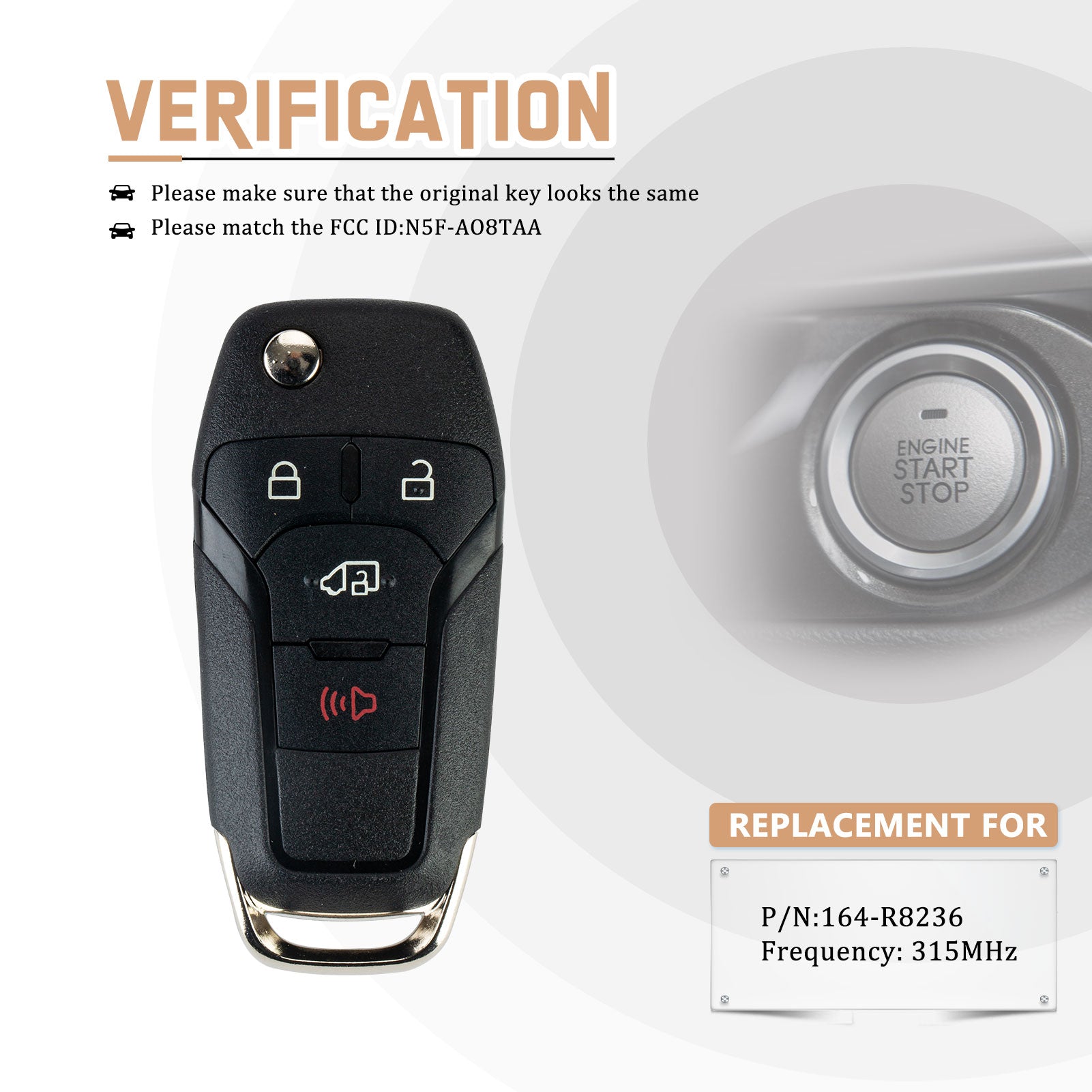 Replacement for Ford Transit Connect 2019 2020 2021 with FCC ID: N5F-A08TAA P/N: 164-R8236 315MHz KR-F4SJV05