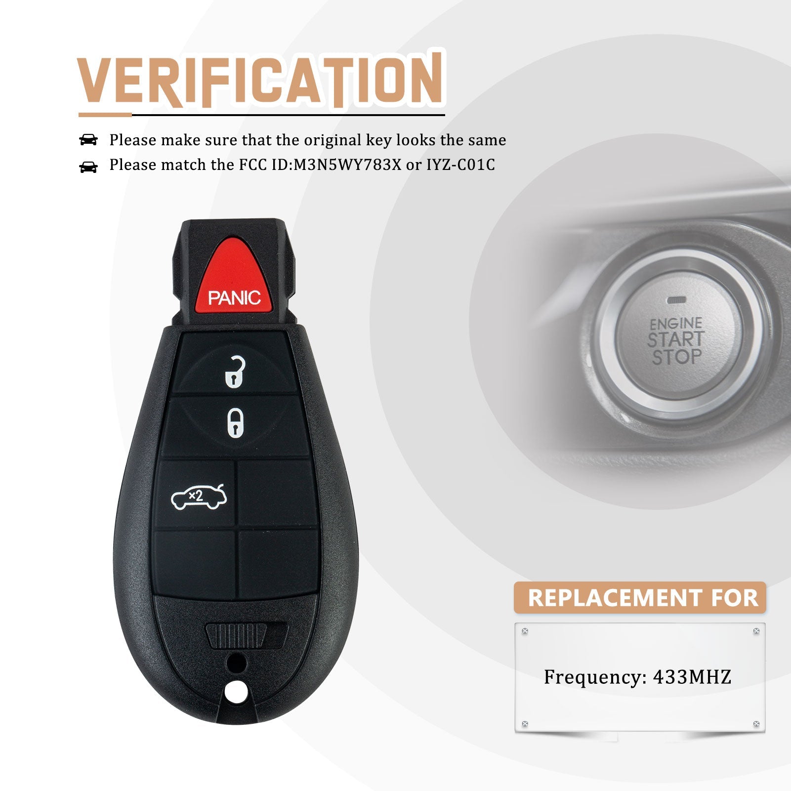 Replacement Car Key Fob for D0DGE Charger with FCC ID: IYZ-C01C or M3N5WY783X 433Mhz KR-D4RAV10