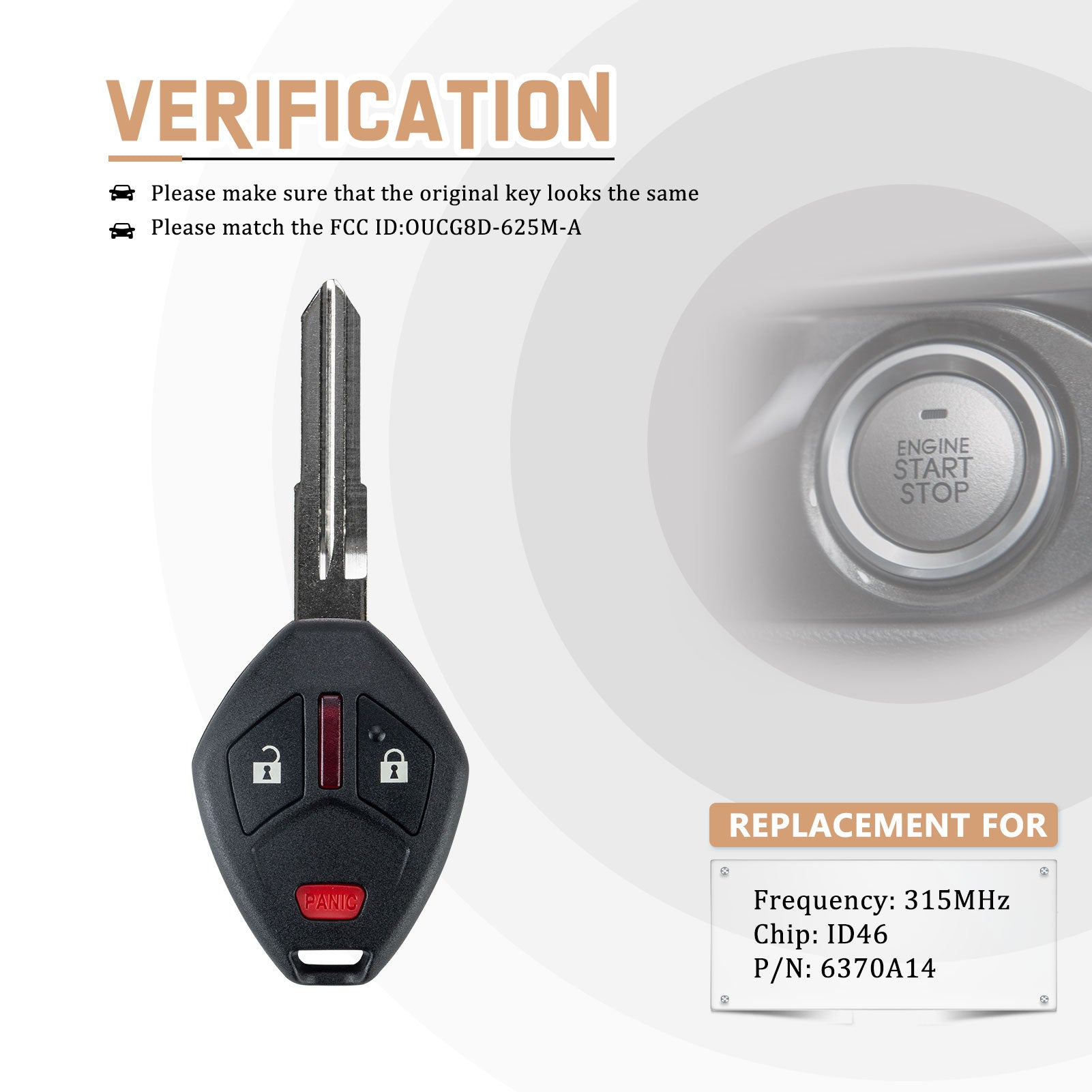 Head Key Replacement for Outlander 2007/2008/2009/2010/2011/2012/2013/2014/2015/2016 with FCC ID: OUCG8D-625M-A Chip: ID46 P/N: 6370A14 315MHZ M3SD