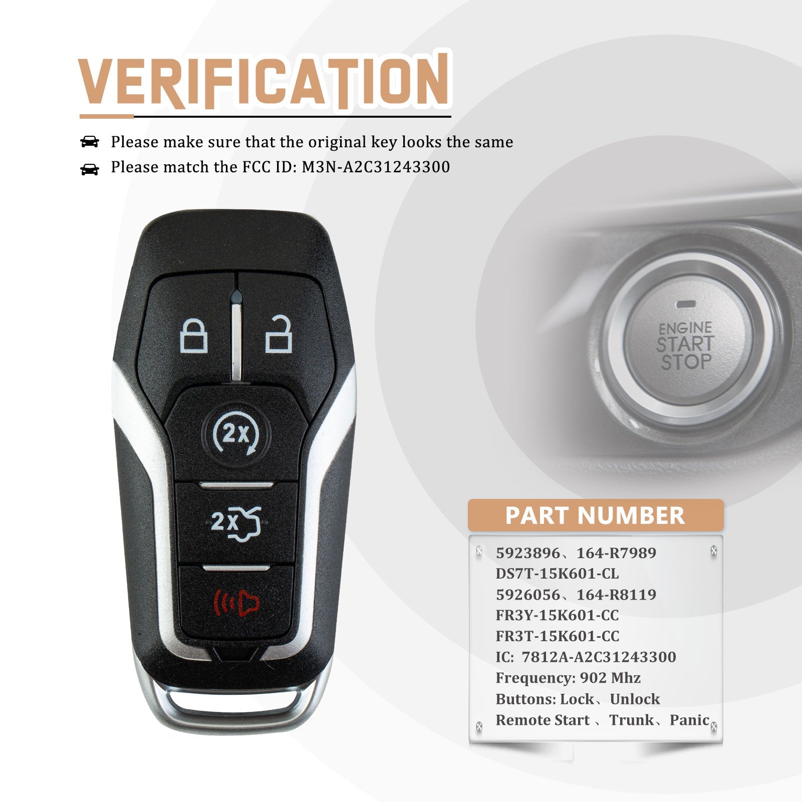 Replacement for Keyless Entry Edge Explorer Mustang Fusion Nautilus MKZ MKX MKC 902 Mhz PN: 5923896 FCC ID: M3N-A2C31243300 IC: 7812A-A2C31243300 F5RD(5)