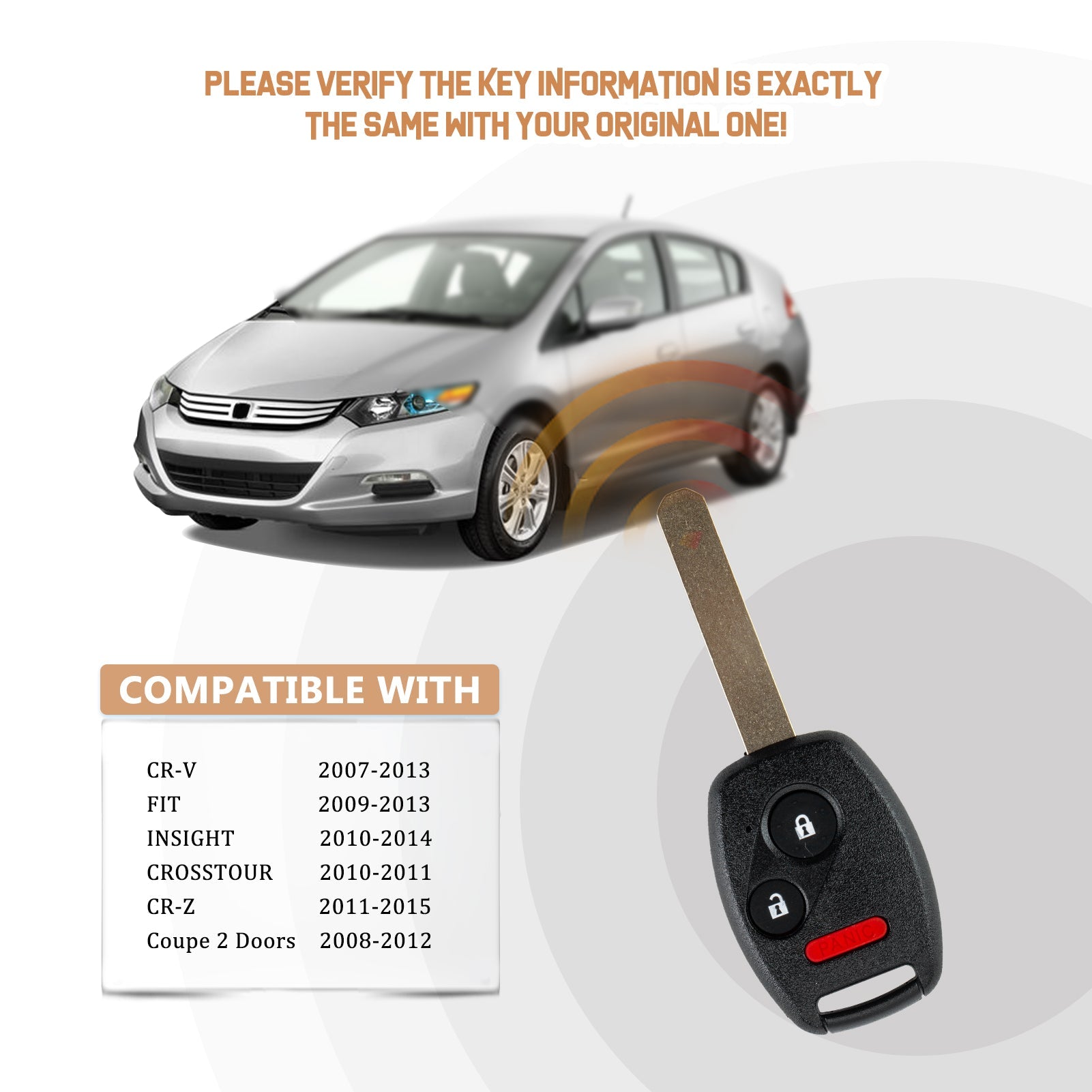 New Keyless Entry Replacement Car Key Fob for Accord / CR-V / CR-Z / Fit / Insight 2007 2008 2009 2010 2011 2012 2013 2014 2015 with FCC ID: MLBHLIK-1T H3SC(5)