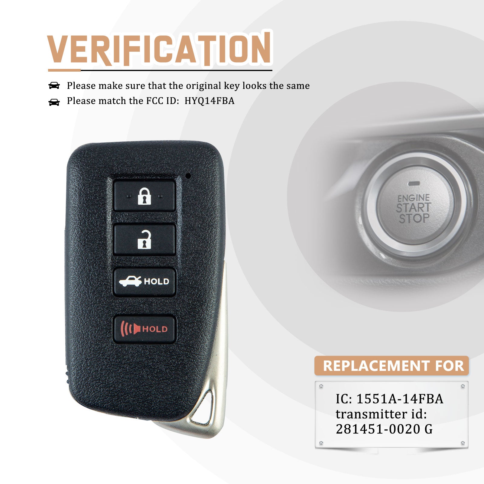 Smart Key Fob Replacement for 2013-2018 Lexus ES350 GS350 Remote FCC ID: HYQ14FBA (IC: 1551A-14FBA) Transmitter ID: 281451-0020 G L4RC