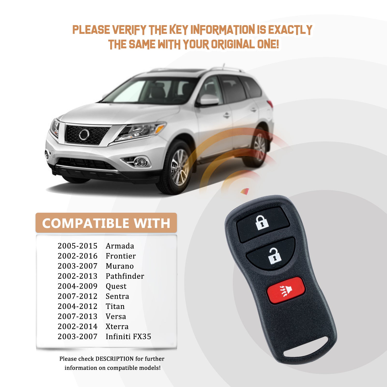 Keyless Entry Replacement Car Key Fob for Frontier Armada Murano Pathfinder Quest Sentra Titan Versa Xterra Infiniti with FCC ID: KBRASTU15, CWTWB1U415, CWTWB1U733, CWTWB1U821 N3RA