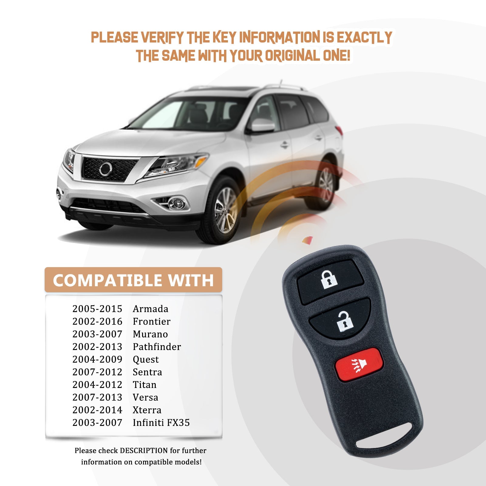 Keyless Entry Replacement Car Key Fob for Frontier Armada Murano Pathfinder Quest Sentra Titan Versa Xterra Infiniti with FCC ID: KBRASTU15, CWTWB1U415, CWTWB1U733, CWTWB1U821 N3RA(10)