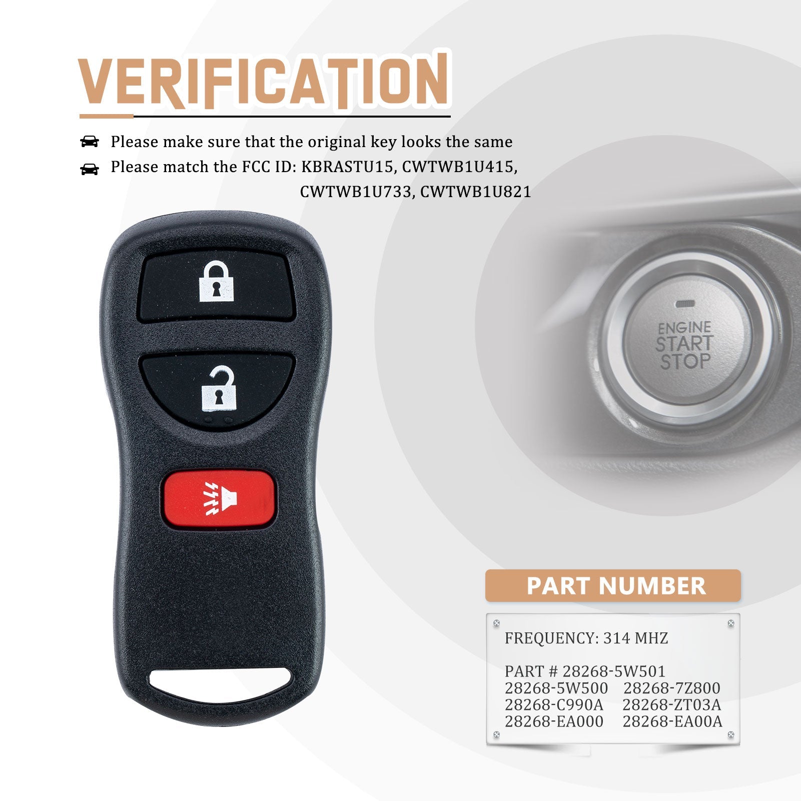 Keyless Entry Replacement Car Key Fob for Frontier Armada Murano Pathfinder Quest Sentra Titan Versa Xterra Infiniti with FCC ID: KBRASTU15, CWTWB1U415, CWTWB1U733, CWTWB1U821 N3RA(50)