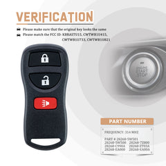 Keyless Entry Replacement Car Key Fob for Frontier Armada Murano Pathfinder Quest Sentra Titan Versa Xterra Infiniti with FCC ID: KBRASTU15, CWTWB1U415, CWTWB1U733, CWTWB1U821 N3RA