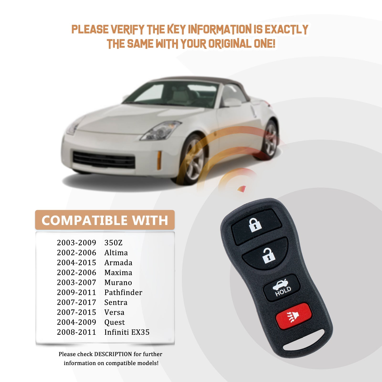 New Keyless Entry Replacement Car Key Fob for Infiniti with FCC ID: KBRASTU15, CWTWB1U415, CWTWB1U733, CWTWB1U821 N4RA(50)