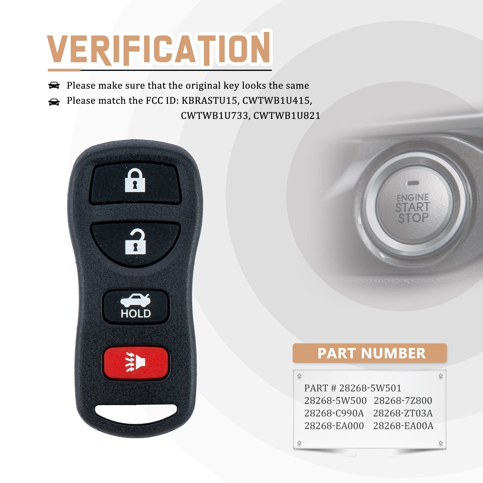 New Keyless Entry Replacement Car Key Fob for Infiniti with FCC ID: KBRASTU15, CWTWB1U415, CWTWB1U733, CWTWB1U821 N4RA(100)