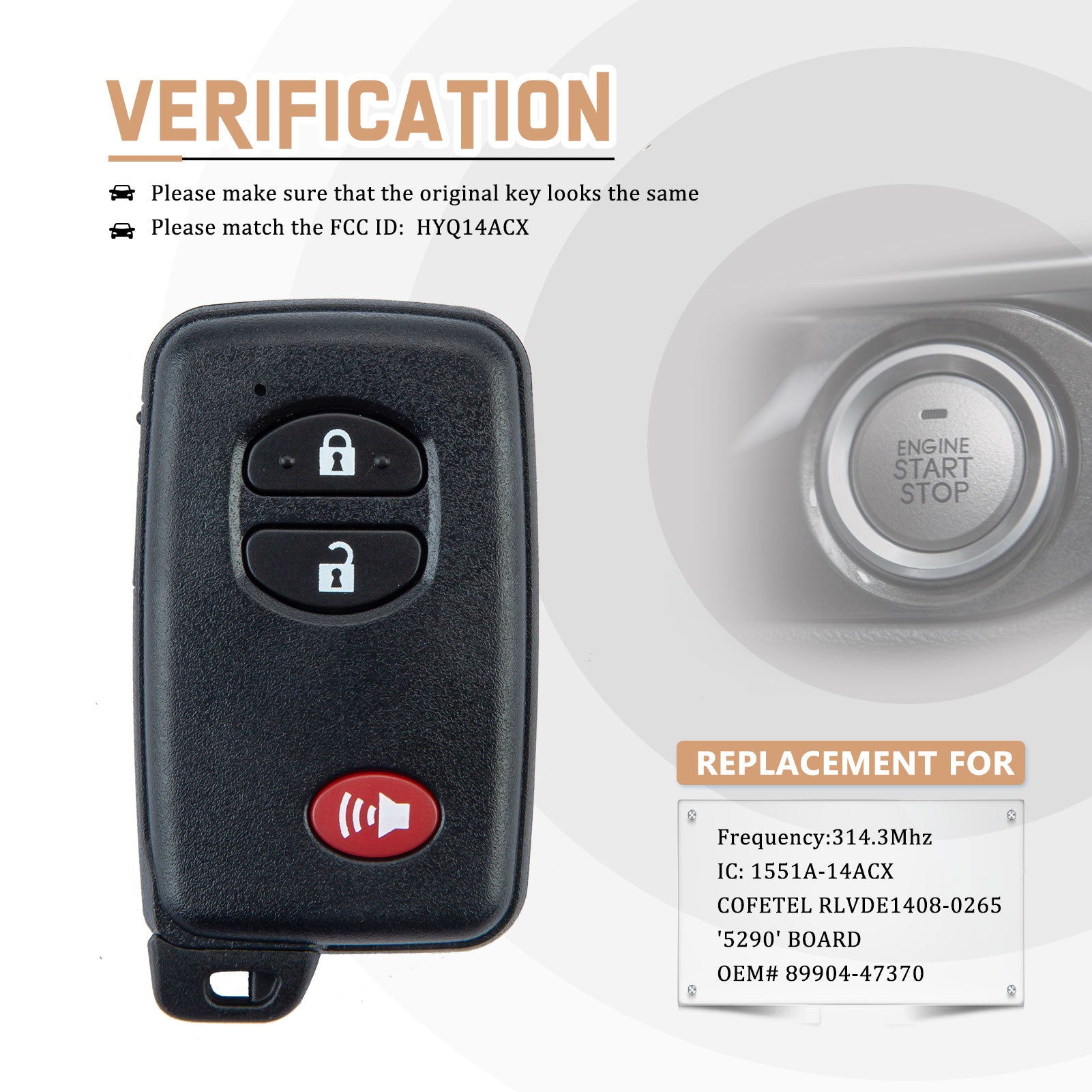 Smart Remote Replacement for Toyota 4Runner Prius C V Venza with New Emergency Key Blade FCC ID:HYQ14ACX/271451-5290 T3RE